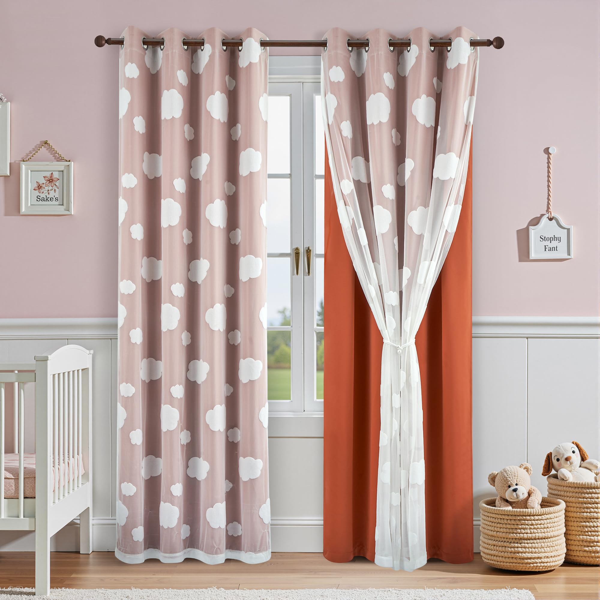 Beige Light Blocking Curtains with Sheer Overlay for Living Room Mix and Match Double Layer Window Panels 95 Inch for Bedroom Grommet Top, W52 X L95