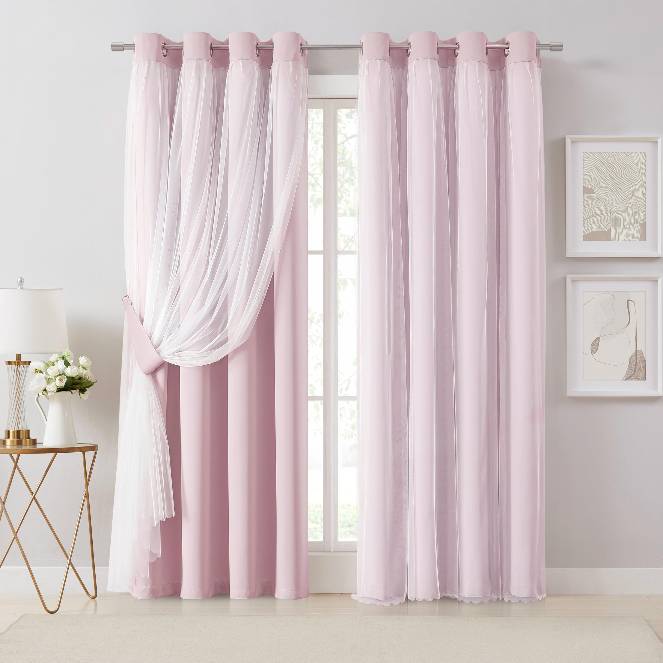 Bujasso Beige 80% Blackout Curtains with Sheer Overlay Mix and Match Double Layer Thermal Insulated Window Panels 95 inch for Living Room Bedroom Beige Drapes with Tiebacks Grommet Top 54" Wx95 Lx2