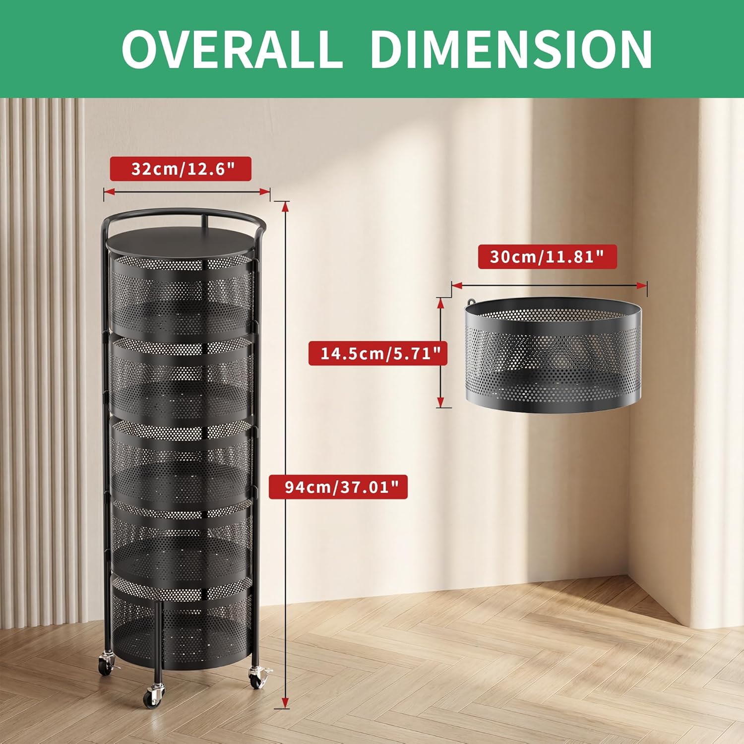 Rotating Fruit Basket, 5-Tier Metal Sturdy Kitchen Storage Rack Shelf Carts No Assembly on Rolling Wheels for Fruit Vegetable Grocery Corns Potato Onion (5-Tier, Black)