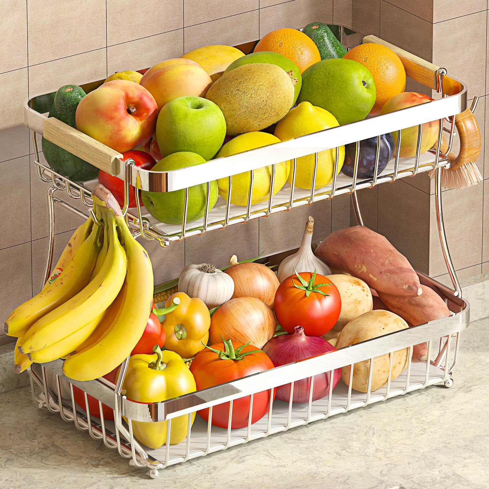 2 Tier Large Fruit Basket for Kitchen Counter with 2 Mobile Banana Hangers, 2026 Pro Detachable Metal Fruit Bowl with Wooden Handle (Brown, 2 Tier)