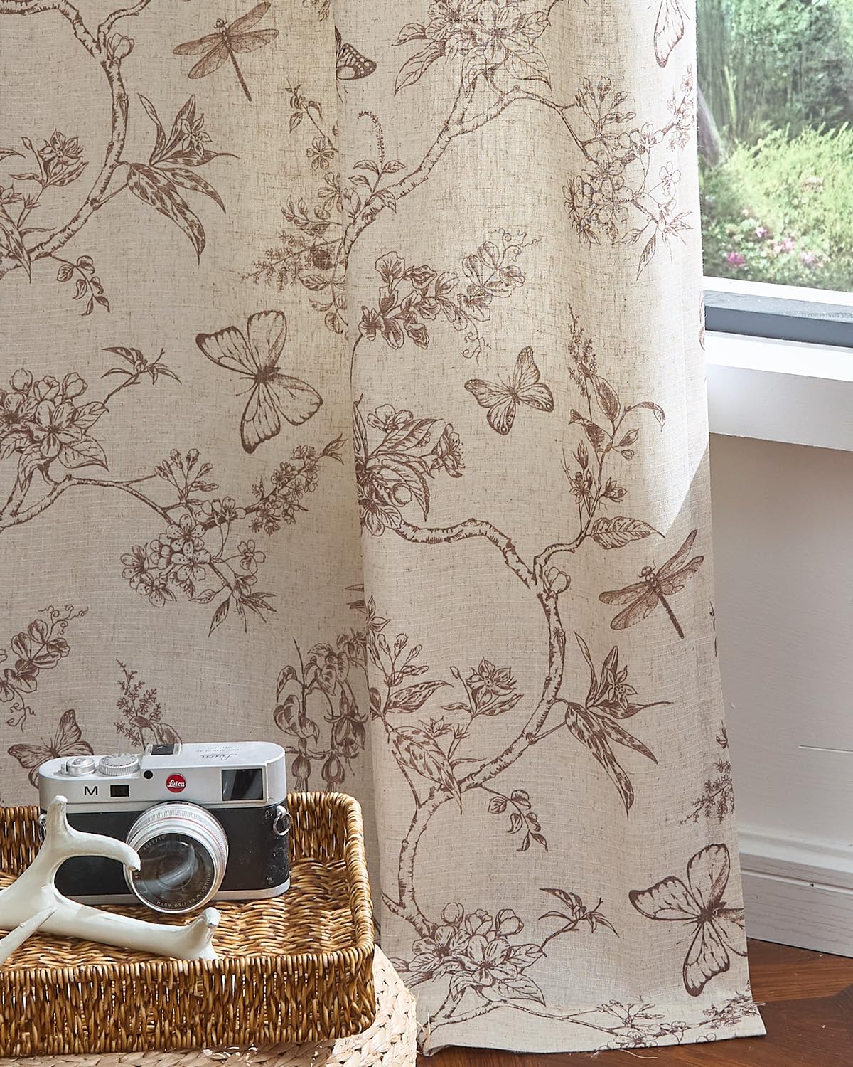 jinchan Floral Linen Curtains for Living Room - 63 Inch Length Butterfly Taupe Floral Curtains - French Country Farmhouse Flower Patterned Drapes - Back Tab Rod Pocket Set - 2 Panels