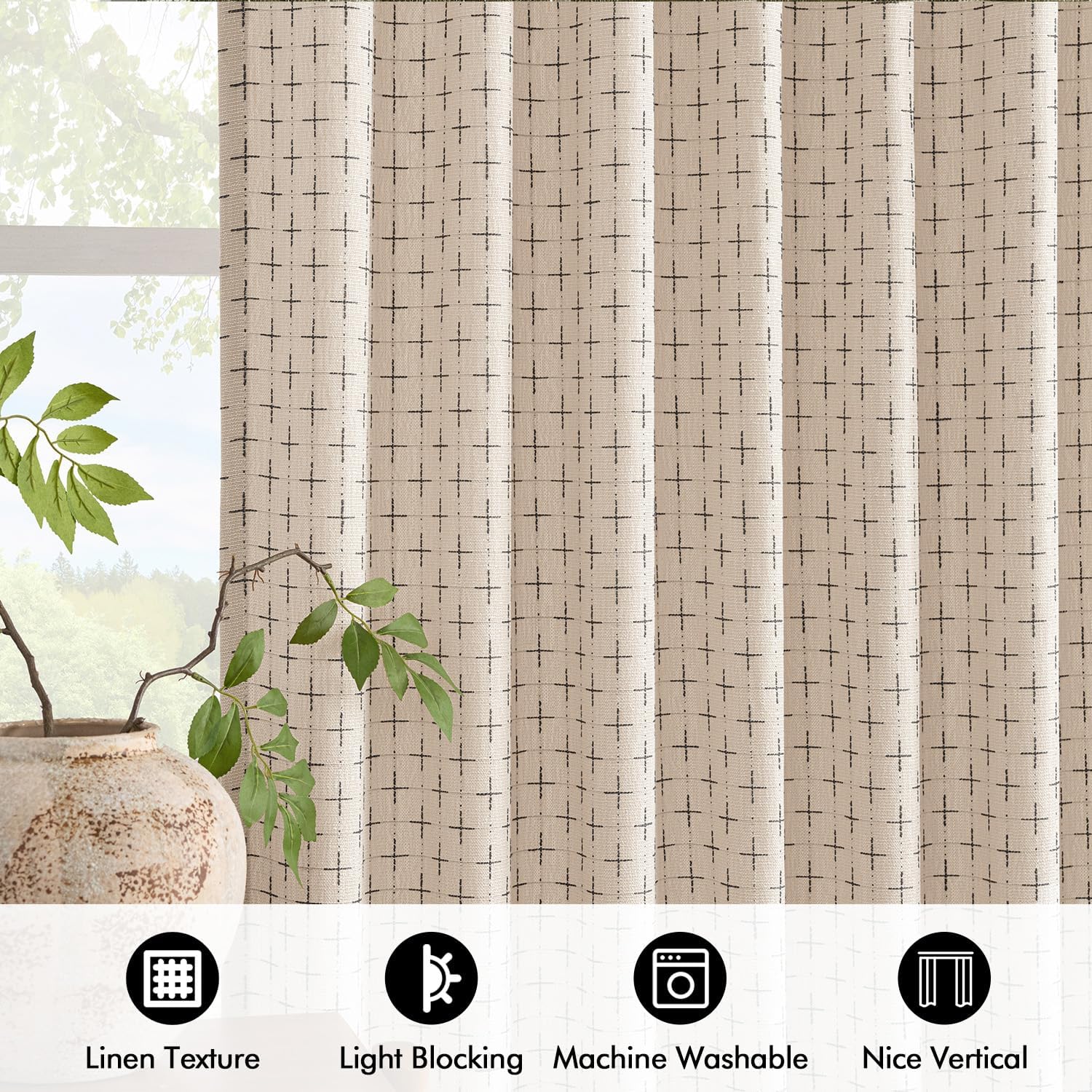 MIULEE Decorative Back Tab Linen Curtains with Geometric Pattern for Living Room Bedroom Farmhouse Rustic Thick Woven Textured Patterned Mudcloth Drapes 84 Inches Long 2 Panels Set, Beige