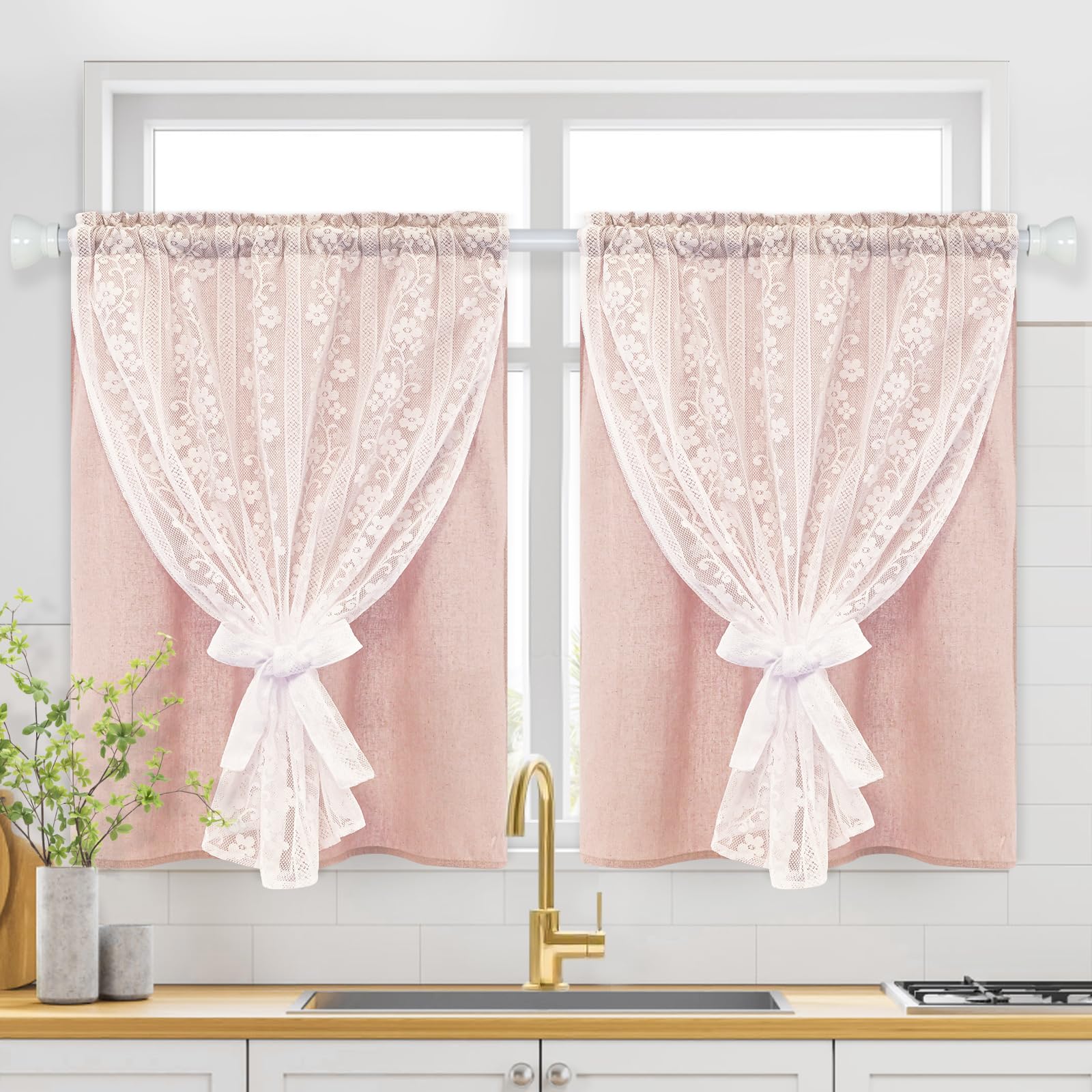 ASPMIZ Linen Curtains for Bedroom, Double Layered Boho Curtain for Living Room Farmhouse Curtain 84 Inch Length 2 Panels Set, Rustic Curtains & Drapes Rod Pocket with Tiebacks, 52 x 84 Inch, Beige