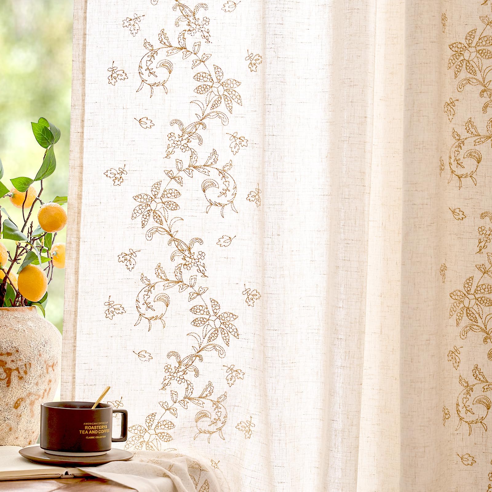 jinchan Belrose Linen Curtains for Bedroom Floral Curtains 84 Inch Length Linen Blend Ivory Embroidered Drapes Farmhouse Flower Patterned Drapes for Living Room Window Treatments Set 2 Panels