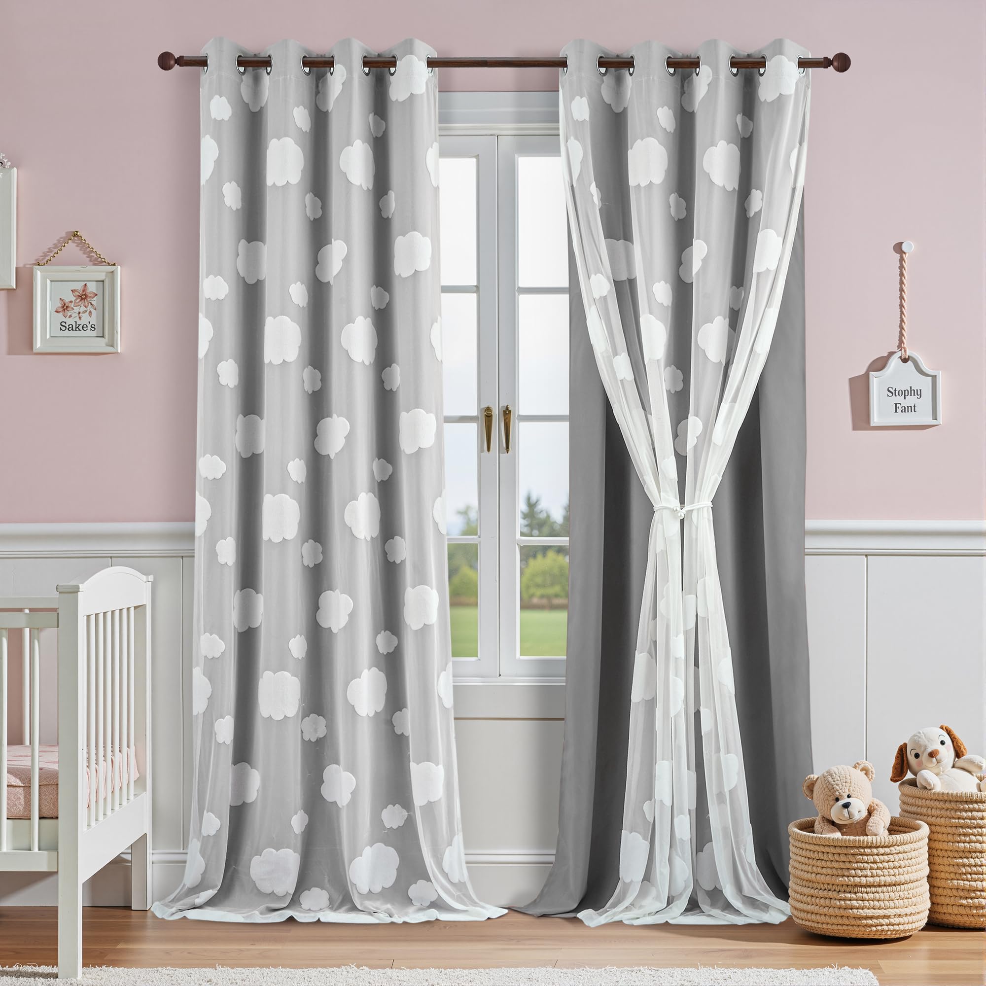 Beige Light Blocking Curtains with Sheer Overlay for Living Room Mix and Match Double Layer Window Panels 95 Inch for Bedroom Grommet Top, W52 X L95