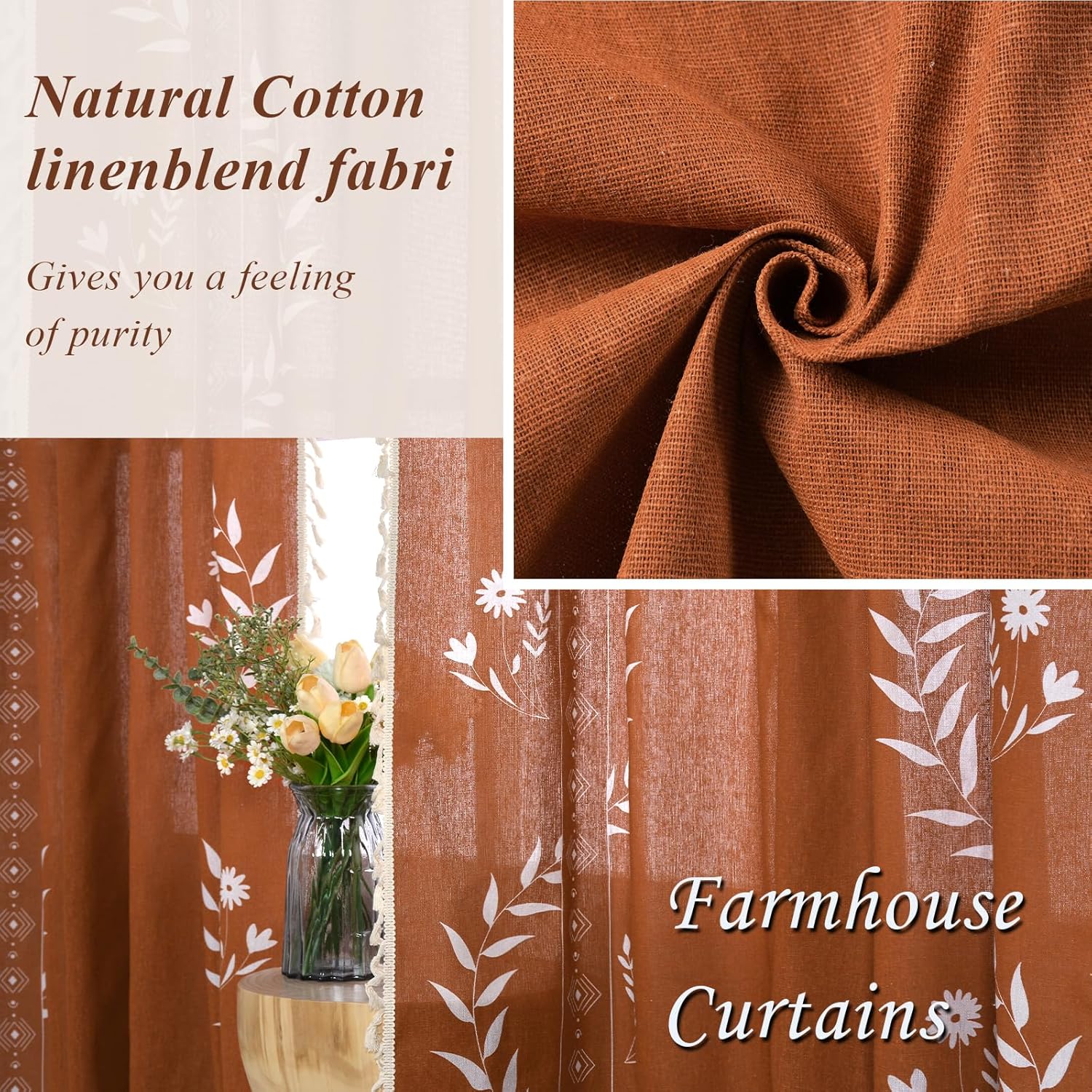 Schweek Boho Curtains for Living Room 84 Inch Long Terracotta Patterned Vintage Farmhouse Curtains 2 Panels,Linen Tassel Floral Window Curtain, Burnt Orange