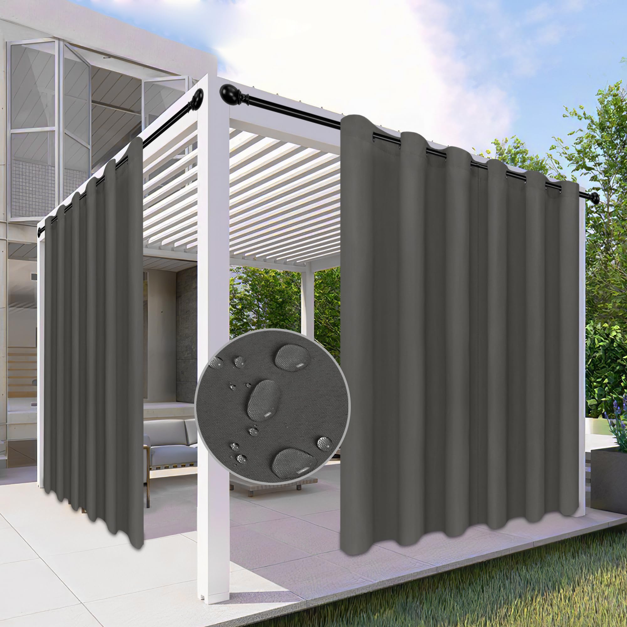 Easy-Going 100% Waterproof Outdoor Curtains Windproof Weatherproof Porch Curtains, Premium Thick Outdoor Privacy Grommet Top Panels for Patio, Gazebo and Pergola, 2 Panels, 54x84 inch, Dark Grey