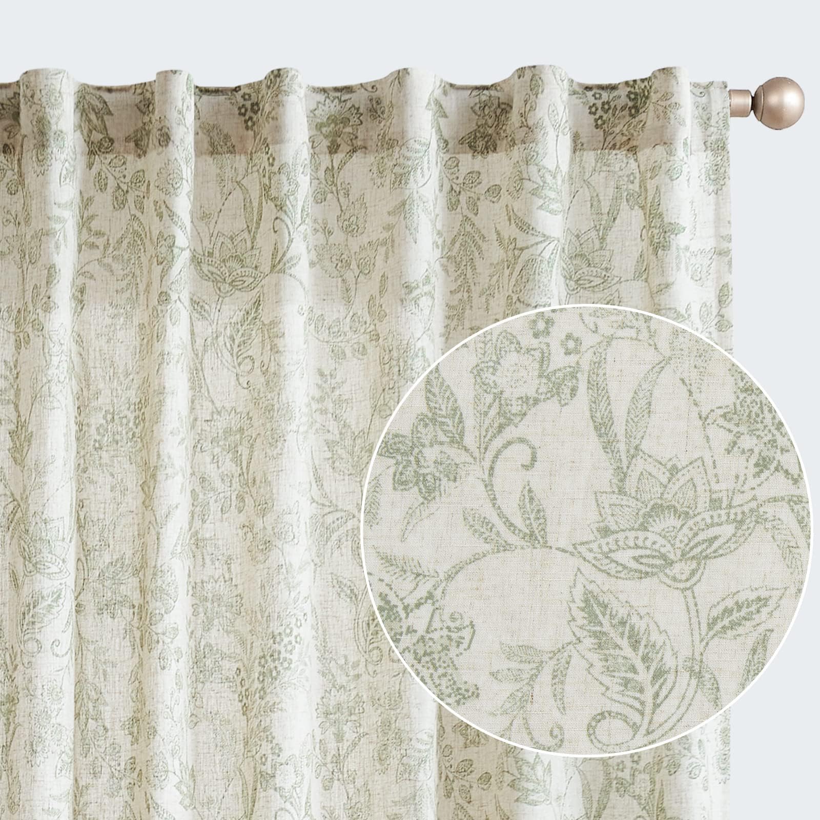 jinchan Floral Linen Curtains for Living Room - 63 Inch Length Butterfly Taupe Floral Curtains - French Country Farmhouse Flower Patterned Drapes - Back Tab Rod Pocket Set - 2 Panels