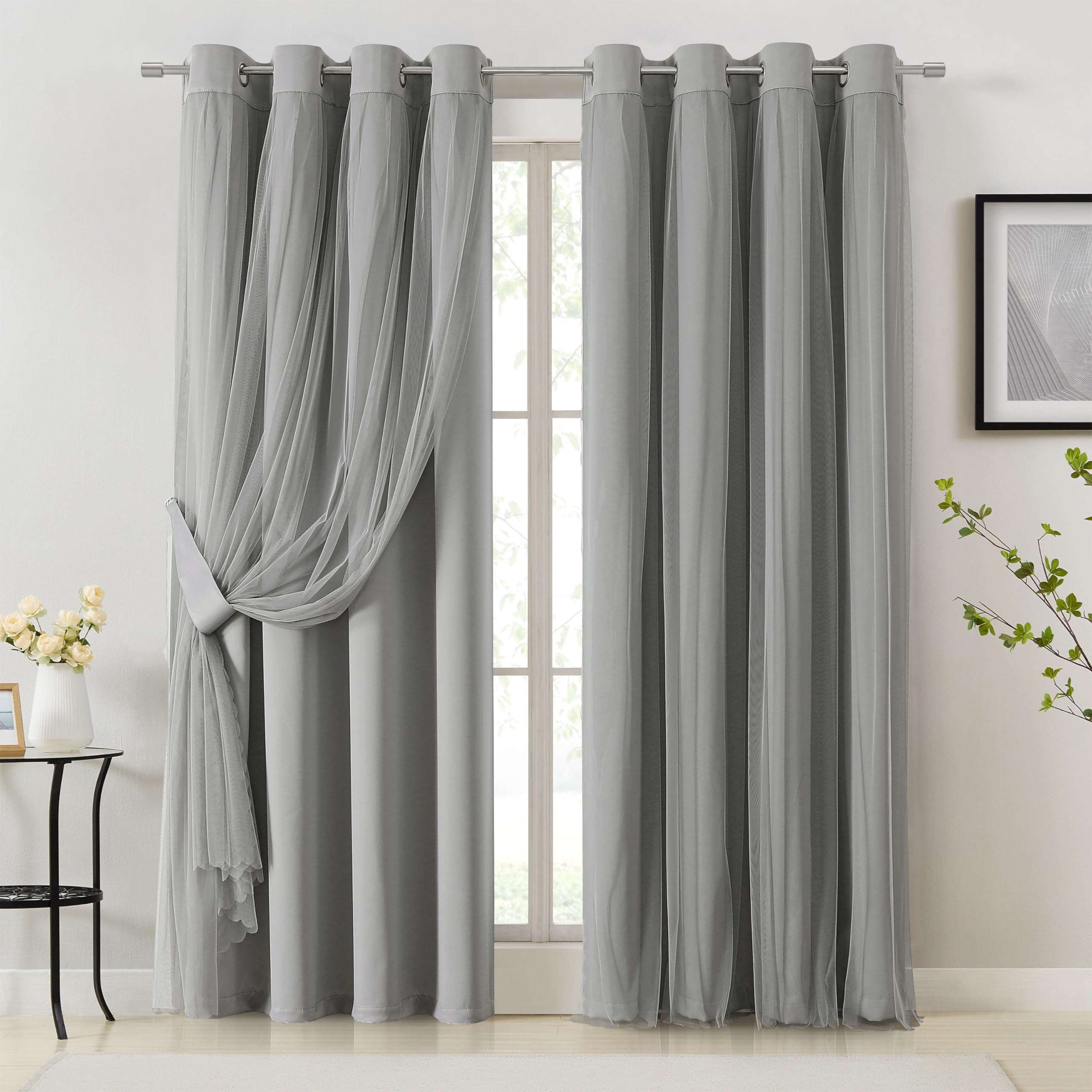 Bujasso Beige 80% Blackout Curtains with Sheer Overlay Mix and Match Double Layer Thermal Insulated Window Panels 95 inch for Living Room Bedroom Beige Drapes with Tiebacks Grommet Top 54" Wx95 Lx2