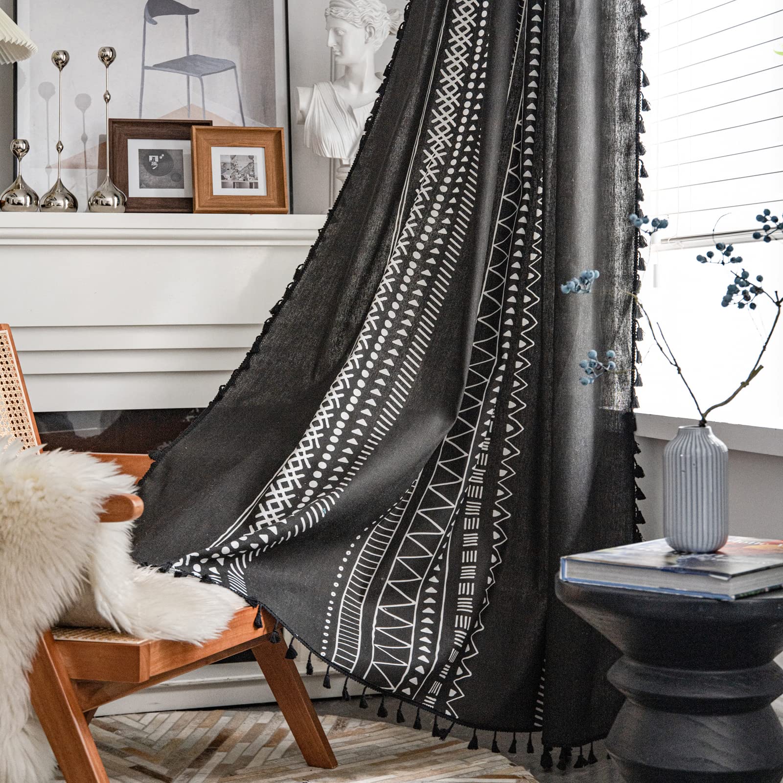 ColorBird Boho Curtains 2 Panels Aztec Western Semi-Blackout Patterned Rod Pocket Window Treatment Decorative Drapes with Black Tassels for Living Bedroom Closet 63 inch Length