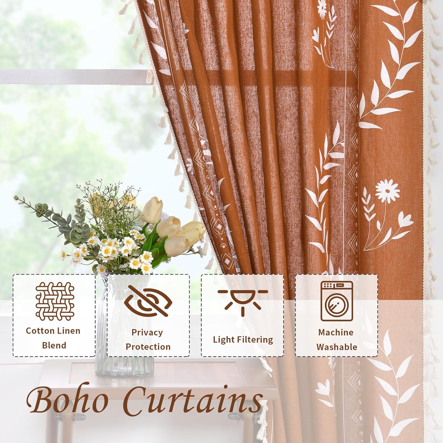 Schweek Boho Curtains for Living Room 84 Inch Long Terracotta Patterned Vintage Farmhouse Curtains 2 Panels,Linen Tassel Floral Window Curtain, Burnt Orange
