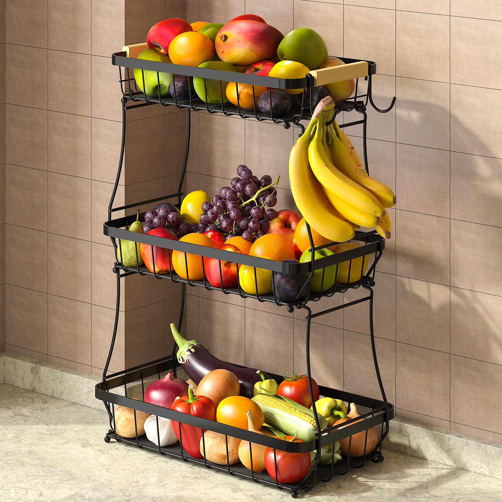 2 Tier Large Fruit Basket for Kitchen Counter with 2 Mobile Banana Hangers, 2026 Pro Detachable Metal Fruit Bowl with Wooden Handle (Brown, 2 Tier)