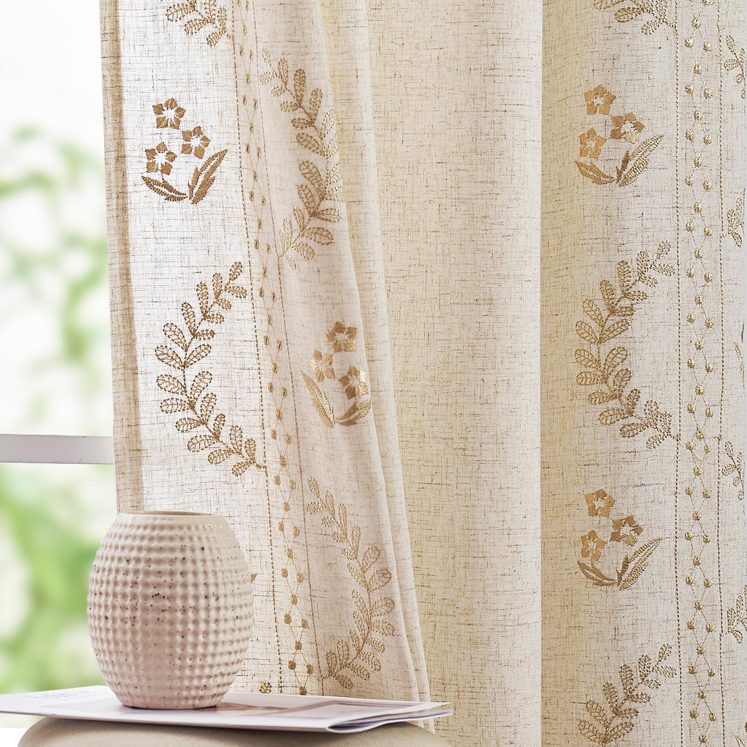 jinchan Belrose Linen Curtains for Bedroom Floral Curtains 84 Inch Length Linen Blend Ivory Embroidered Drapes Farmhouse Flower Patterned Drapes for Living Room Window Treatments Set 2 Panels