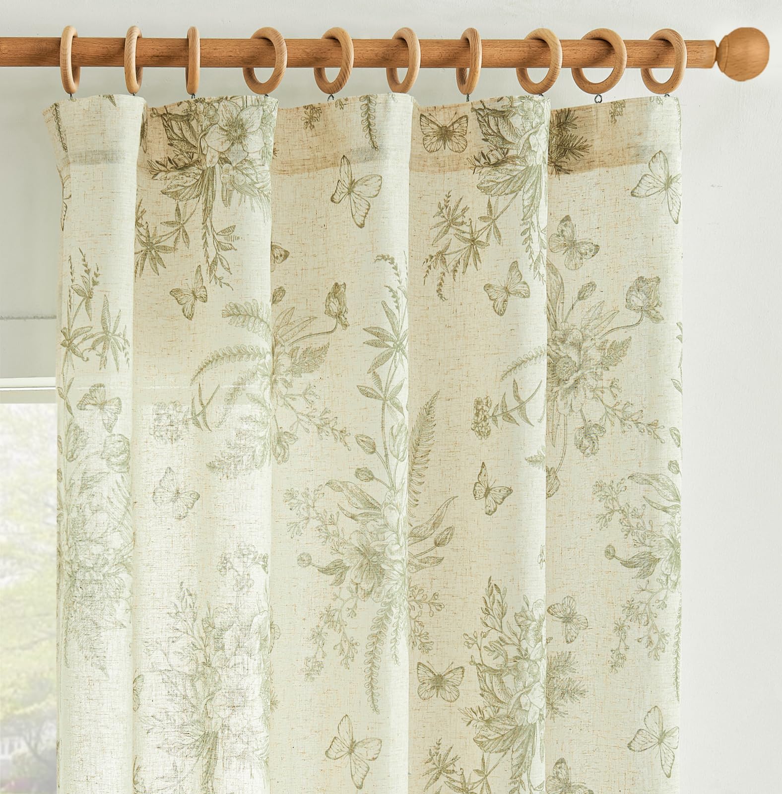 jinchan Floral Linen Curtains for Living Room - 63 Inch Length Butterfly Taupe Floral Curtains - French Country Farmhouse Flower Patterned Drapes - Back Tab Rod Pocket Set - 2 Panels
