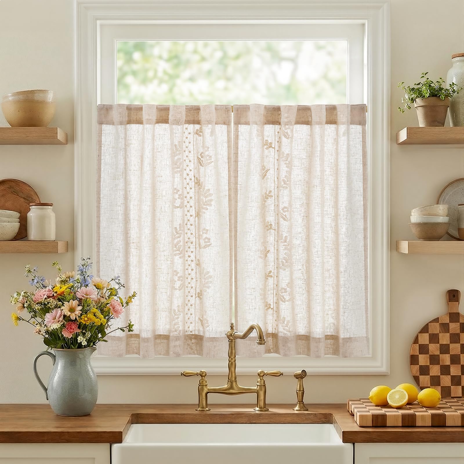 jinchan Belrose Linen Curtains for Bedroom Floral Curtains 84 Inch Length Linen Blend Ivory Embroidered Drapes Farmhouse Flower Patterned Drapes for Living Room Window Treatments Set 2 Panels
