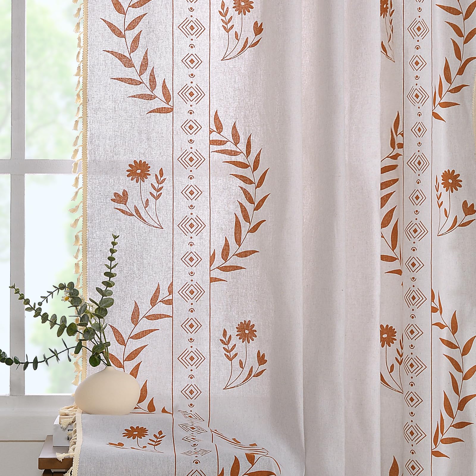Schweek Boho Curtains for Living Room 84 Inch Long Terracotta Patterned Vintage Farmhouse Curtains 2 Panels,Linen Tassel Floral Window Curtain, Burnt Orange