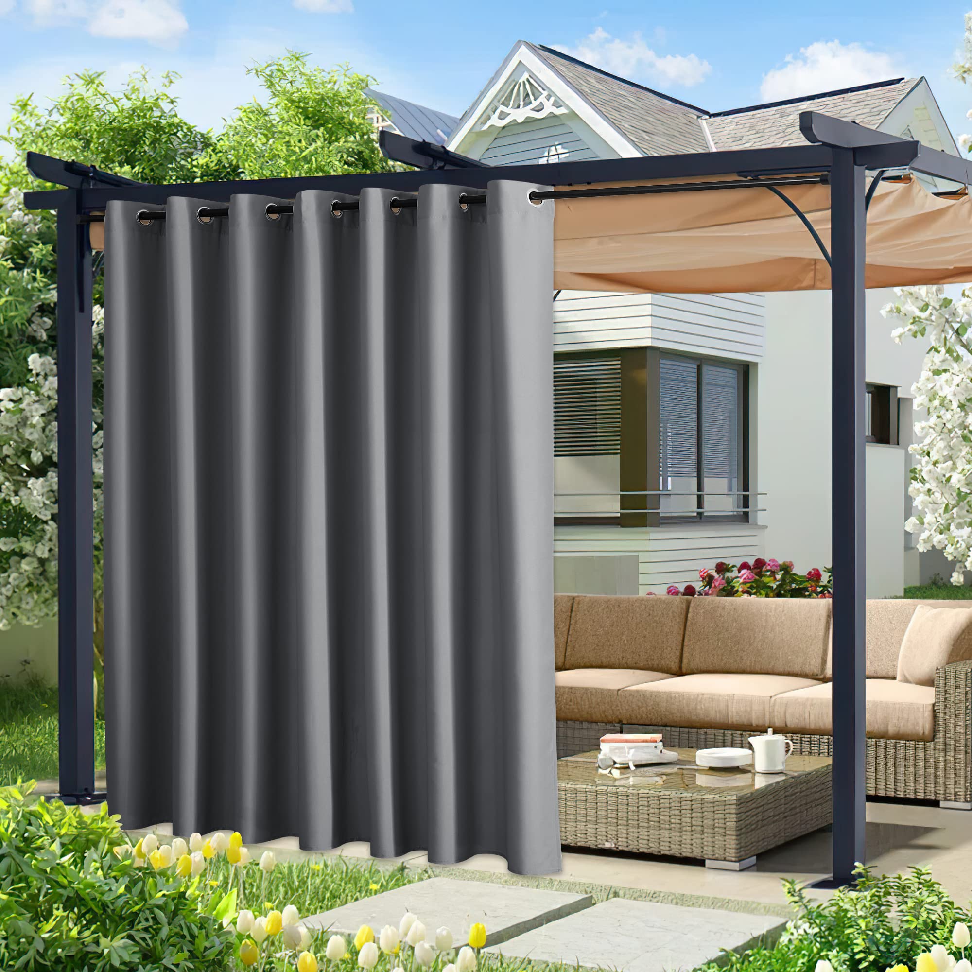 NICETOWN Fade Resistant Outdoor Curtains for Patio 84 inch Long, Grade 4 Color Fastness Fade-Proof Waterproof Outside Curtains, Thermal UV Protection Sun Shades for Porch, W52 x L84, 2 Panels, Grey