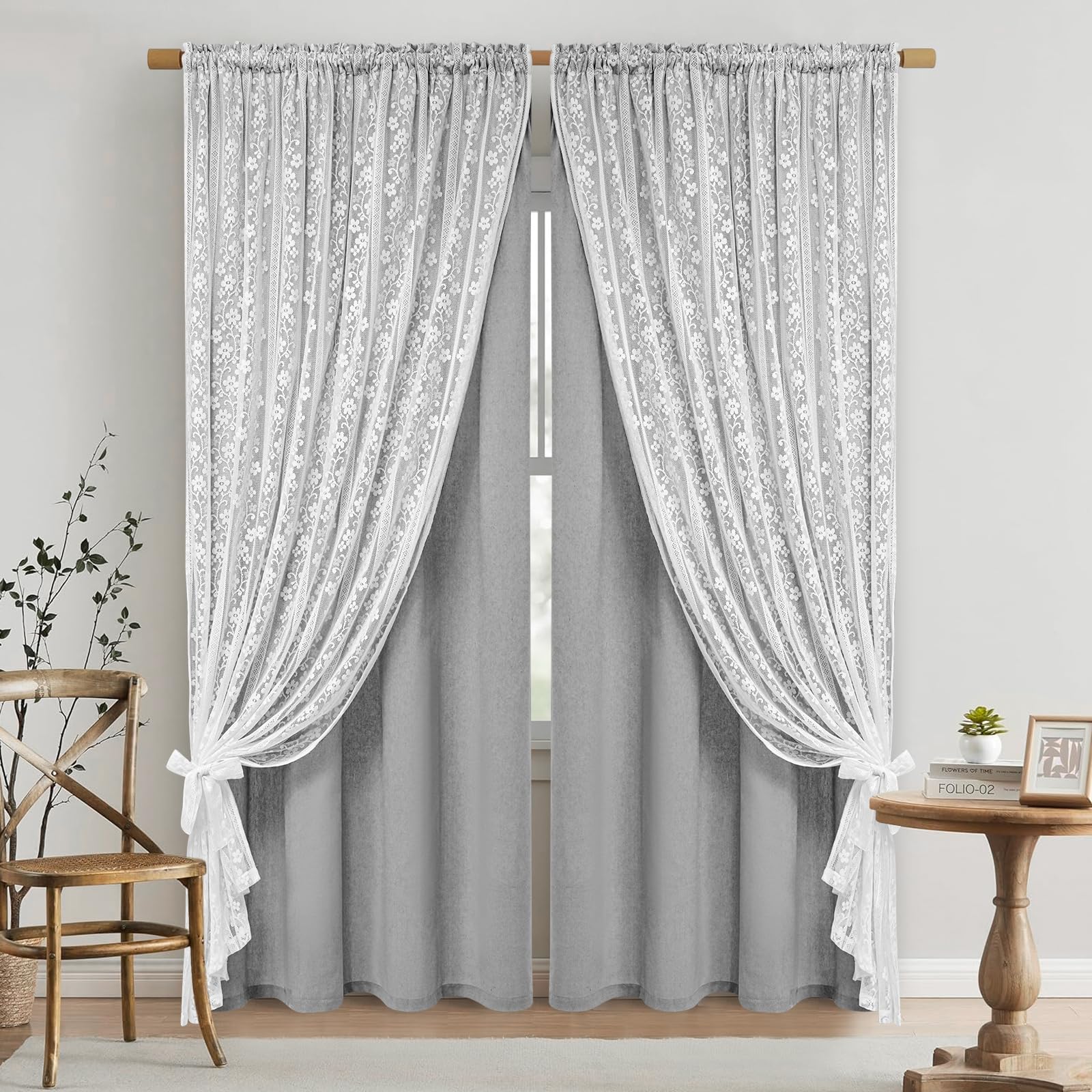 ASPMIZ Linen Curtains for Bedroom, Double Layered Boho Curtain for Living Room Farmhouse Curtain 84 Inch Length 2 Panels Set, Rustic Curtains & Drapes Rod Pocket with Tiebacks, 52 x 84 Inch, Beige