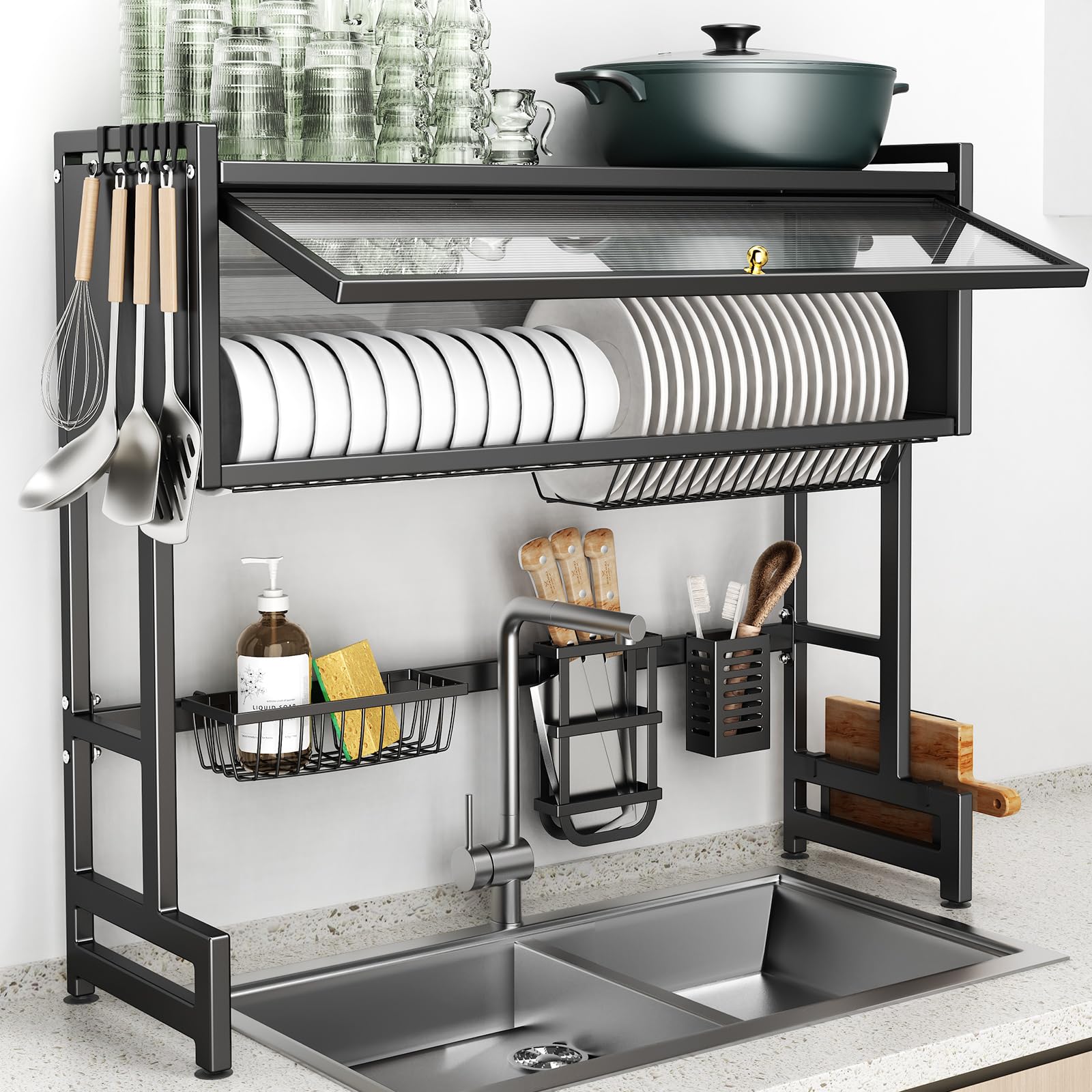 Over The Sink Dish Drainer Drying Rack 3 Tiers with Cover, Keep Kitchen Sink Shlef Organized Space-Saving Dish Drying Rack, Large Stainless Steel Sink Dish Rack for Dishes, Bowls, Cutlery (37.4"w)