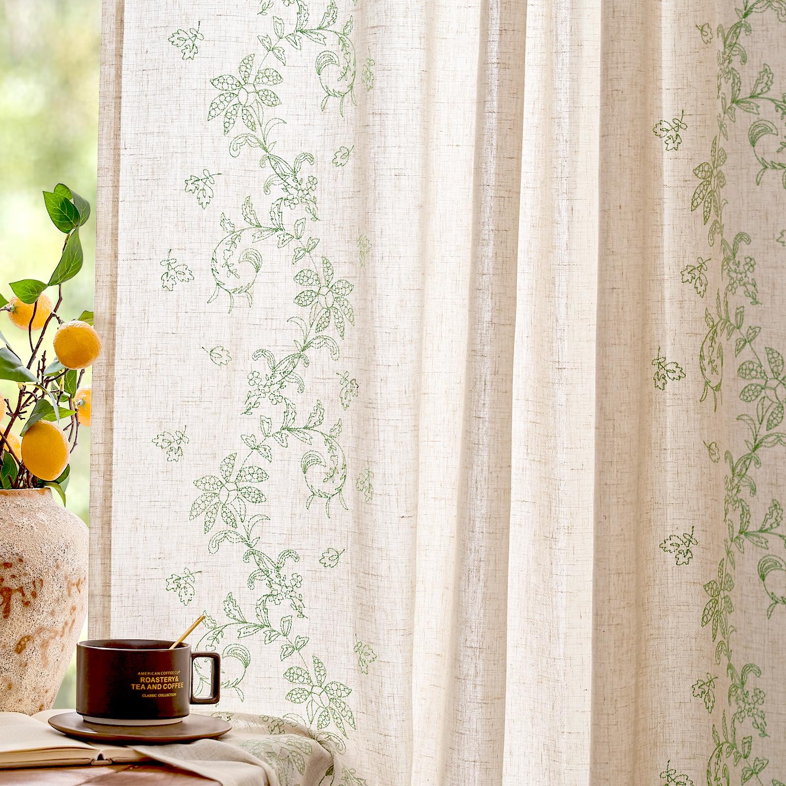 jinchan Belrose Linen Curtains for Bedroom Floral Curtains 84 Inch Length Linen Blend Ivory Embroidered Drapes Farmhouse Flower Patterned Drapes for Living Room Window Treatments Set 2 Panels