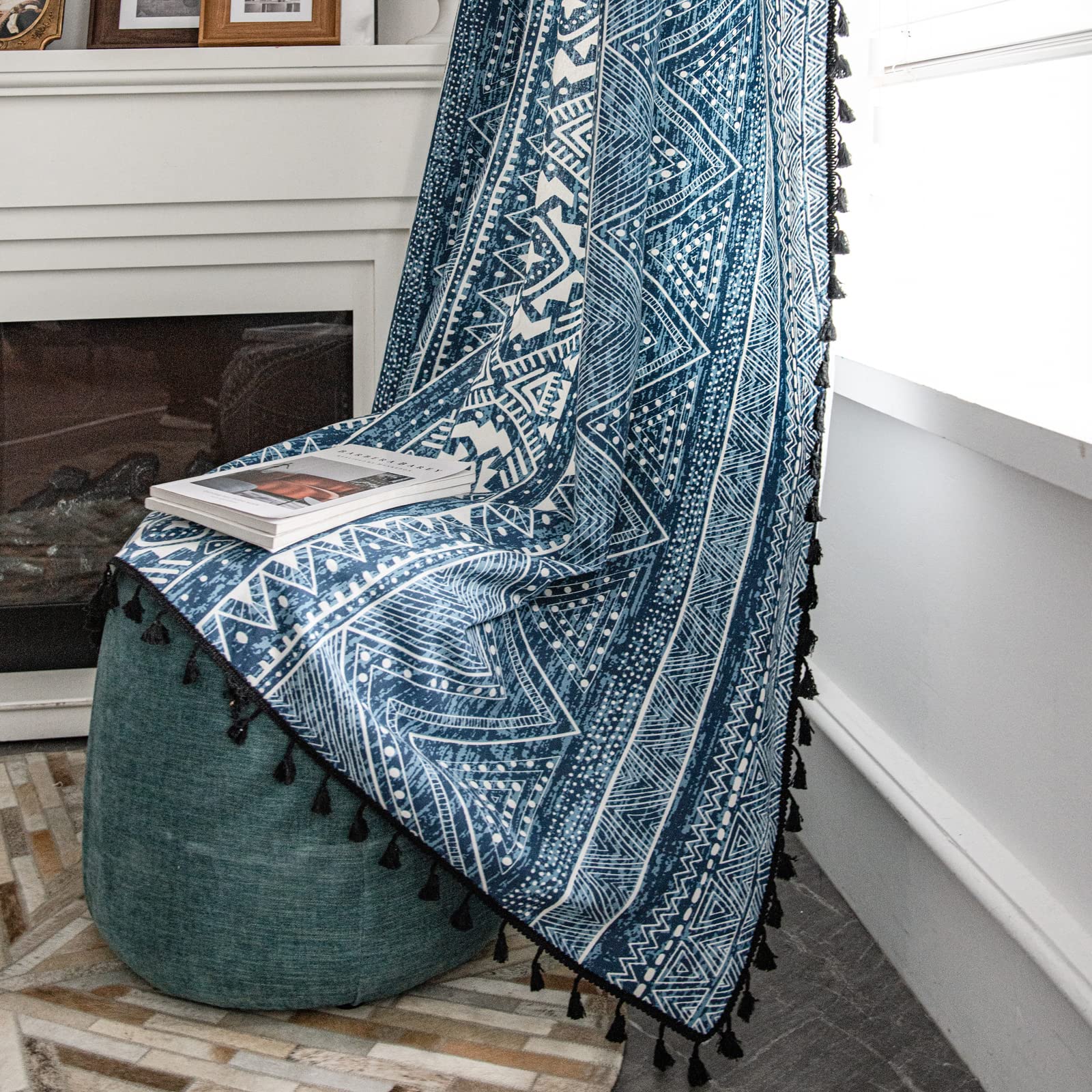 ColorBird Boho Curtains 2 Panels Aztec Western Semi-Blackout Patterned Rod Pocket Window Treatment Decorative Drapes with Black Tassels for Living Bedroom Closet 63 inch Length