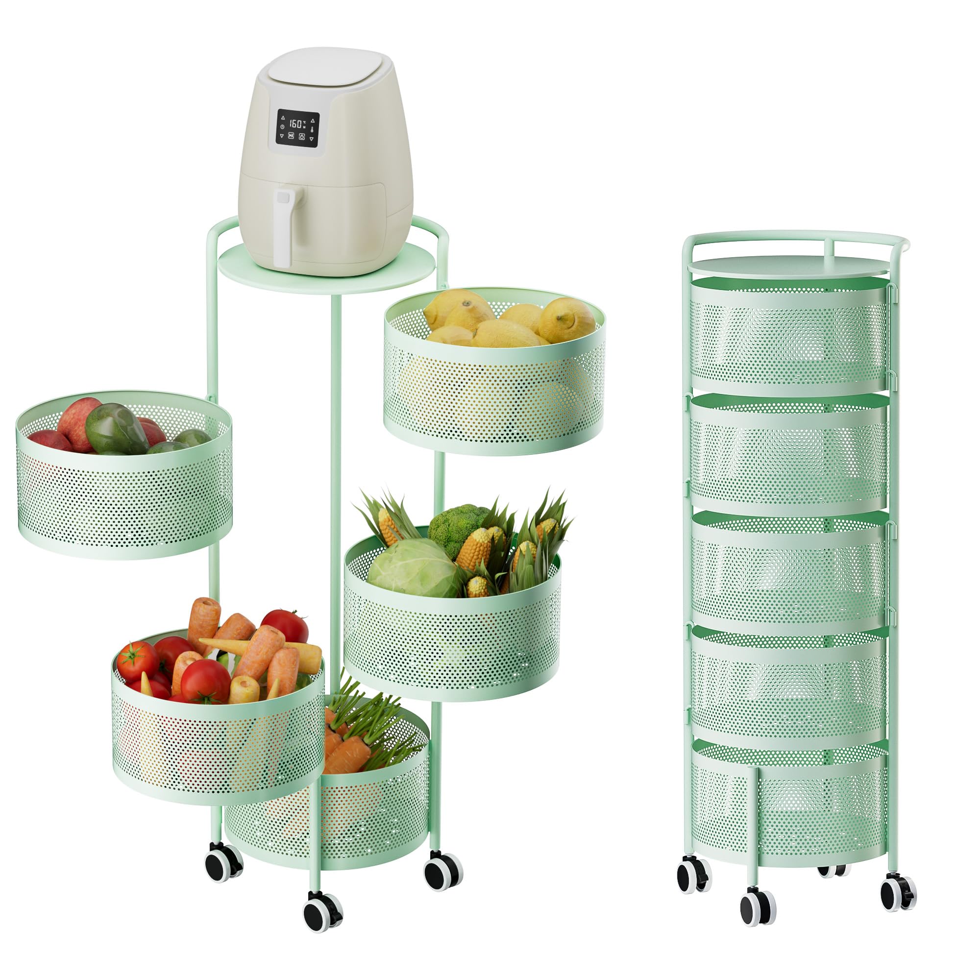 Rotating Fruit Basket, 5-Tier Metal Sturdy Kitchen Storage Rack Shelf Carts No Assembly on Rolling Wheels for Fruit Vegetable Grocery Corns Potato Onion (5-Tier, Black)