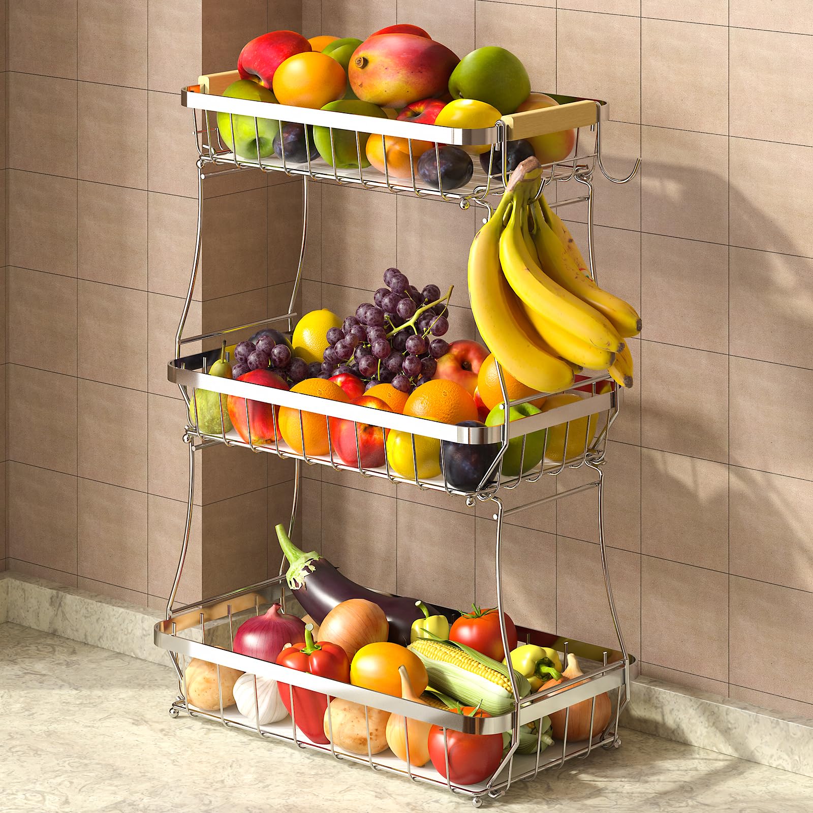 2 Tier Large Fruit Basket for Kitchen Counter with 2 Mobile Banana Hangers, 2026 Pro Detachable Metal Fruit Bowl with Wooden Handle (Brown, 2 Tier)