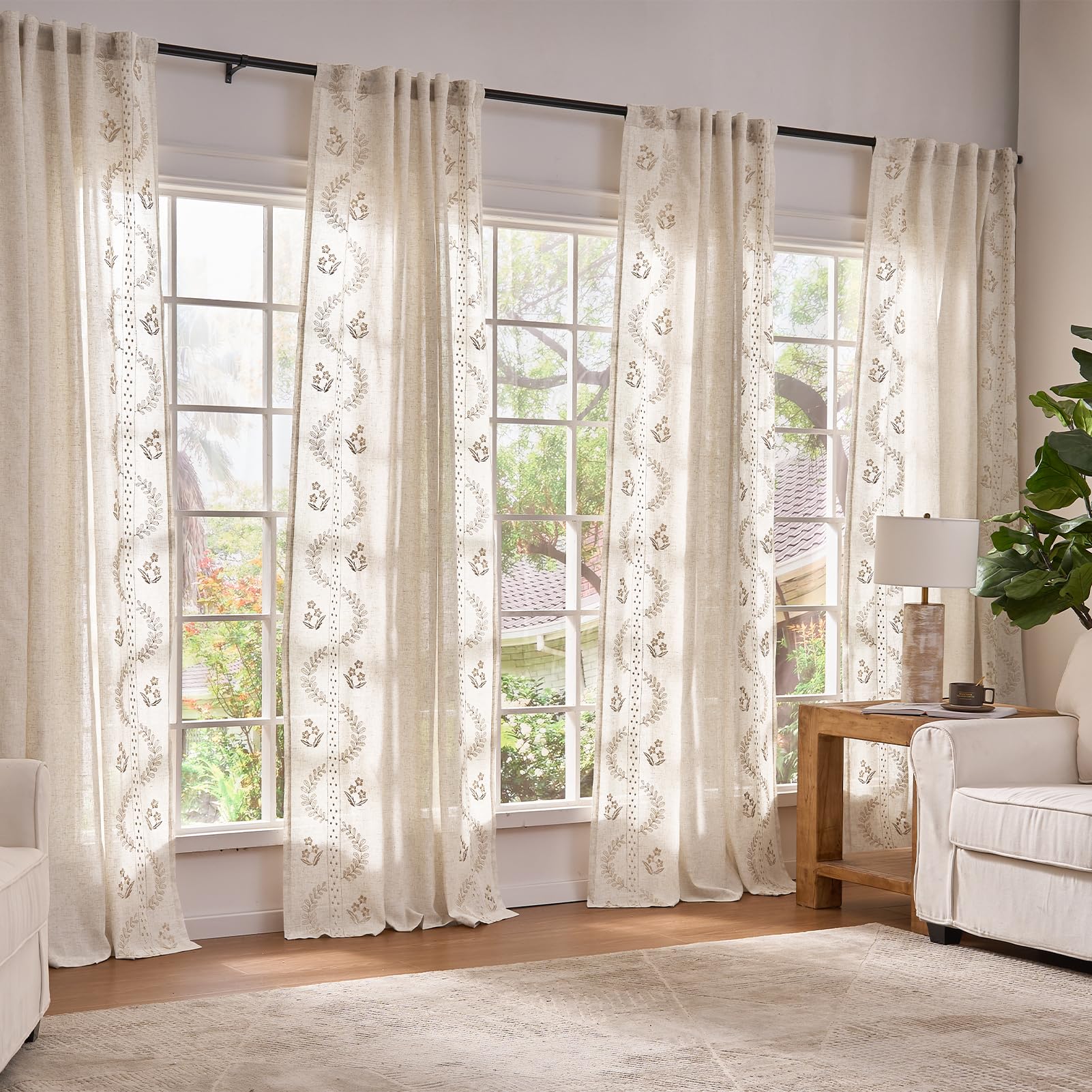 jinchan Belrose Linen Curtains for Bedroom Floral Curtains 84 Inch Length Linen Blend Ivory Embroidered Drapes Farmhouse Flower Patterned Drapes for Living Room Window Treatments Set 2 Panels