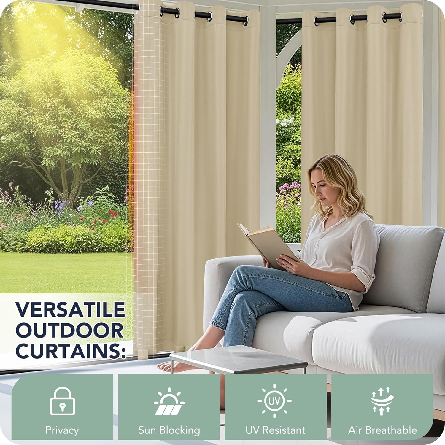 Outdoor Curtains for Patio Waterproof 6 Panels - Windproof, Privacy, Weatherproof Outside Drapes for Gazebo Pergola Porch, Grommet Top and Tab Bottom, 54x84 Inch, Cream