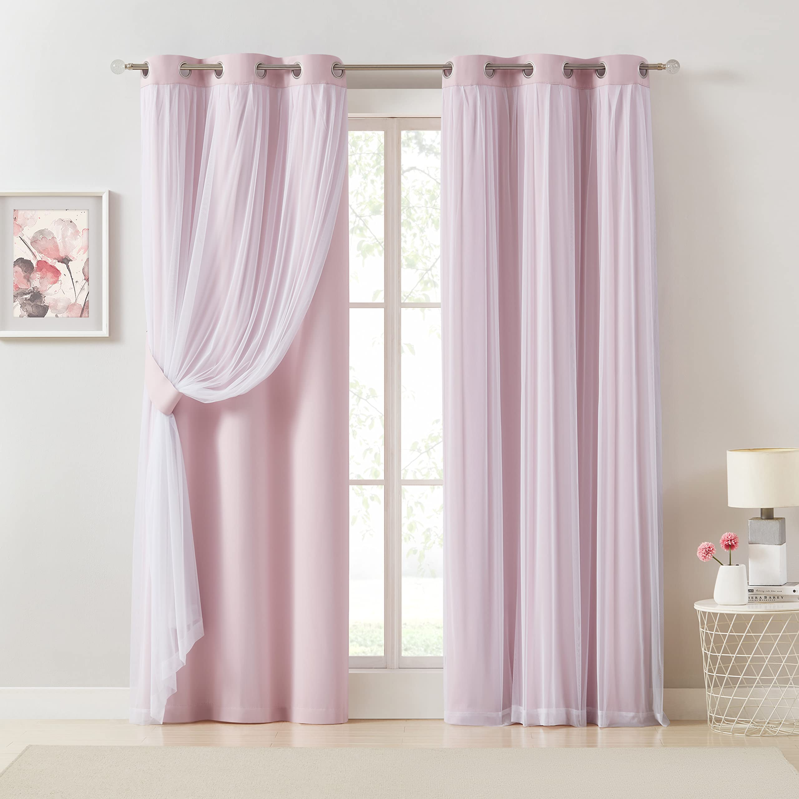 Bujasso Beige 90% Blackout Curtains with Sheer Overlay Mix and Match Double Layer Thermal Insulated Window Panels 84 inch for Living Room Bedroom Beige Drapes with Tiebacks Grommet Top 37" Wx84 Lx2