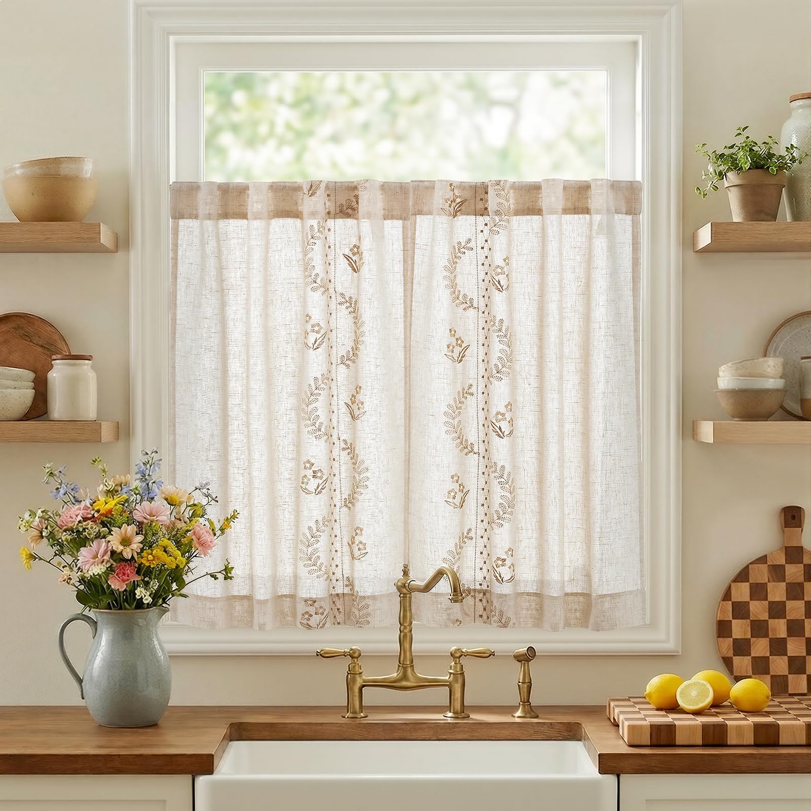 jinchan Belrose Linen Curtains for Bedroom Floral Curtains 84 Inch Length Linen Blend Ivory Embroidered Drapes Farmhouse Flower Patterned Drapes for Living Room Window Treatments Set 2 Panels