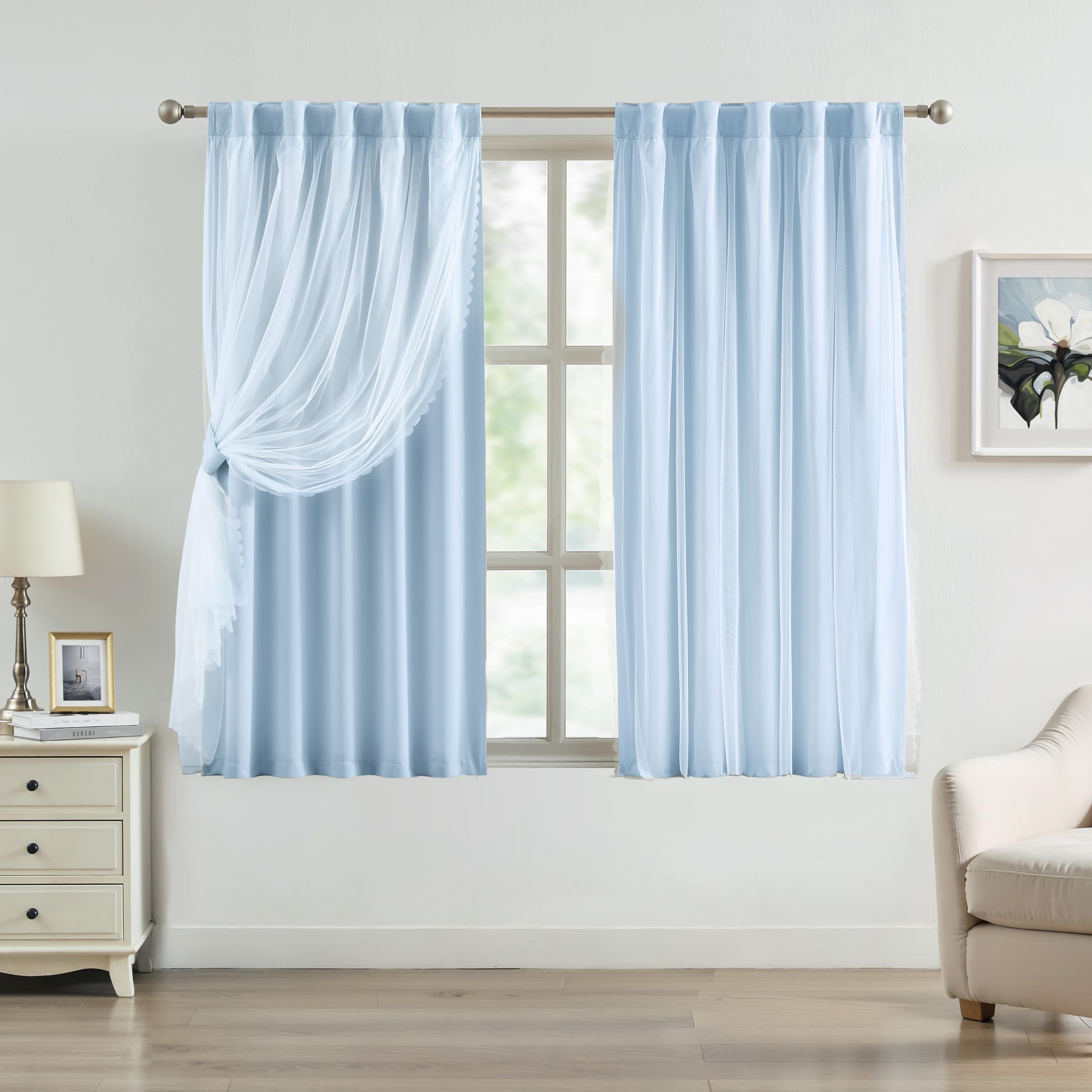 Bujasso Beige 80% Blackout Curtains with Sheer Overlay Mix and Match Double Layer Thermal Insulated Window Panels 84 inch for Bedroom Beige Drapes with Tiebacks Rod Pocket Back Tab 37" Wx84 Lx2