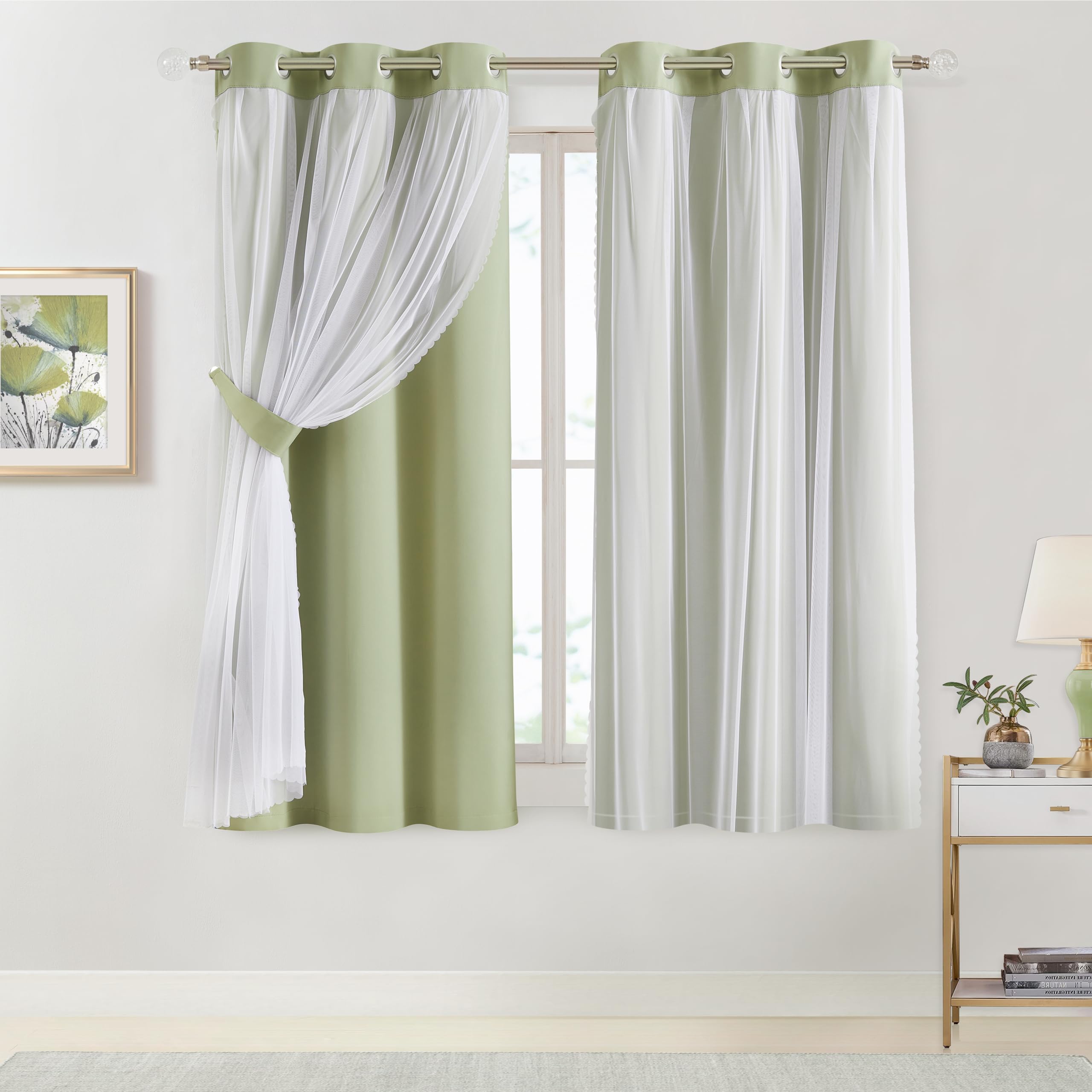 Bujasso Beige 80% Blackout Curtains with Sheer Overlay Mix and Match Double Layer Thermal Insulated Window Panels 95 inch for Living Room Bedroom Beige Drapes with Tiebacks Grommet Top 54" Wx95 Lx2