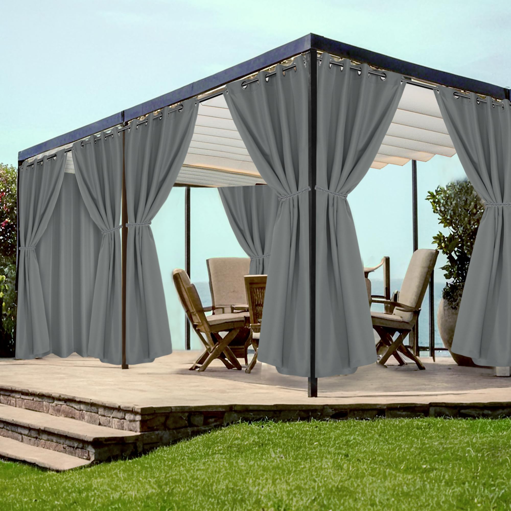 HolidayIdeas Grommet Top Outdoor Curtains for Patio Waterproof 8 Pcs All Weather Balcony Outside Curtain Panels for Apartments, Gazebo, Pergolas, Porch, 54x84 Inch, Grey