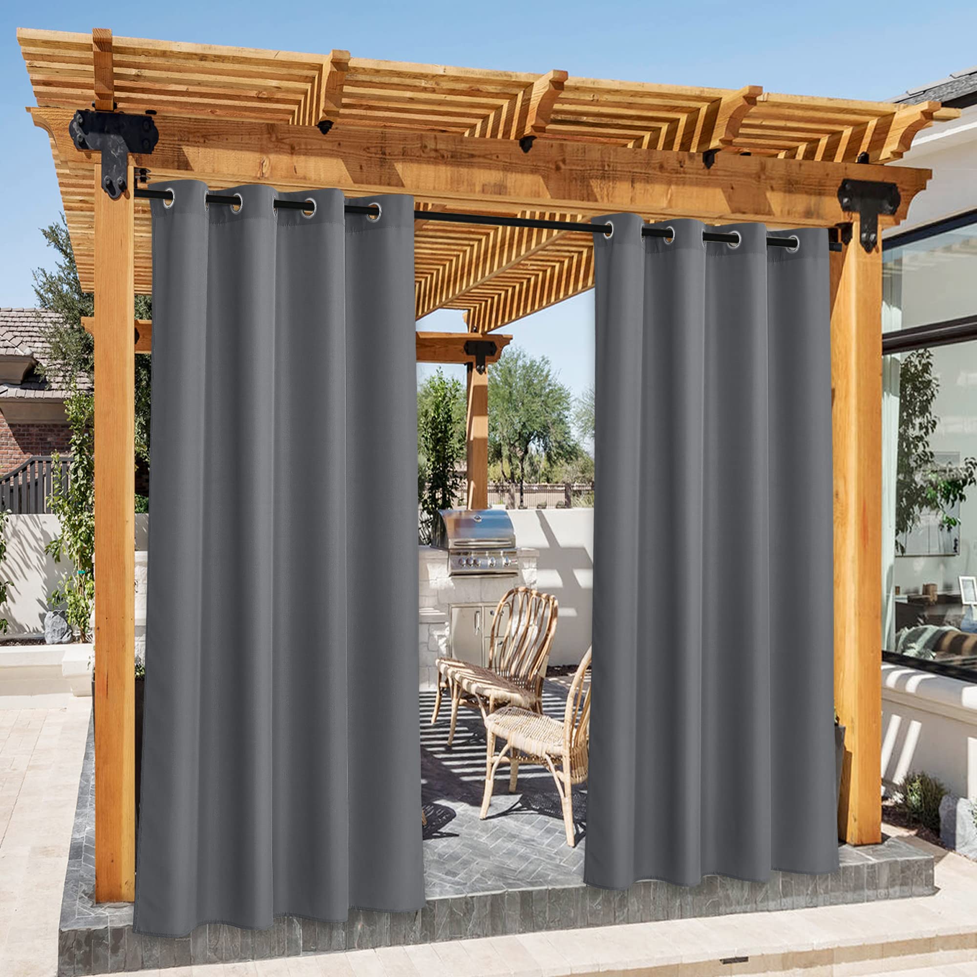 NICETOWN Fade Resistant Outdoor Curtains for Patio 84 inch Long, Grade 4 Color Fastness Fade-Proof Waterproof Outside Curtains, Thermal UV Protection Sun Shades for Porch, W52 x L84, 2 Panels, Grey