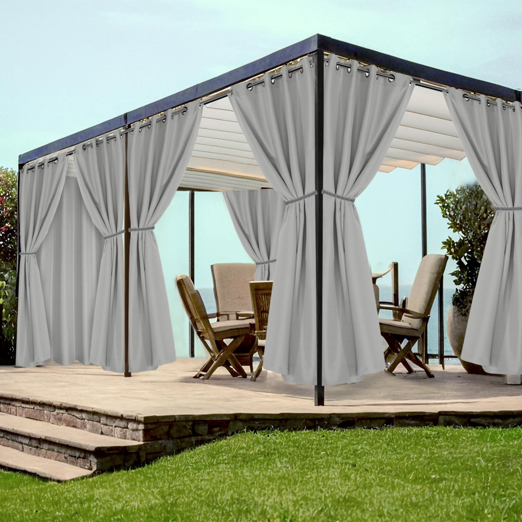 HolidayIdeas Grommet Top Outdoor Curtains for Patio Waterproof 8 Pcs All Weather Balcony Outside Curtain Panels for Apartments, Gazebo, Pergolas, Porch, 54x84 Inch, Grey