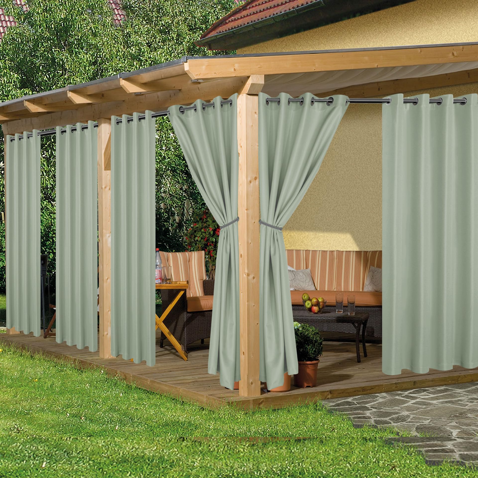 HolidayIdeas Outdoor Curtains for Patio Waterproof, 8 Panels - 54x84 Inches - Weatherproof Privacy Outsides Curtains for Cabana Porch Pergola, Sunlight & UV Blocking (Grey, Grommet Top)