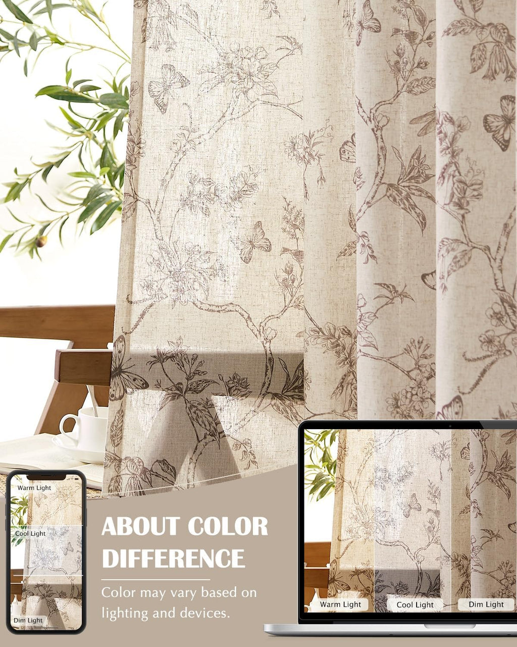 jinchan Floral Linen Curtains for Living Room - 63 Inch Length Butterfly Taupe Floral Curtains - French Country Farmhouse Flower Patterned Drapes - Back Tab Rod Pocket Set - 2 Panels