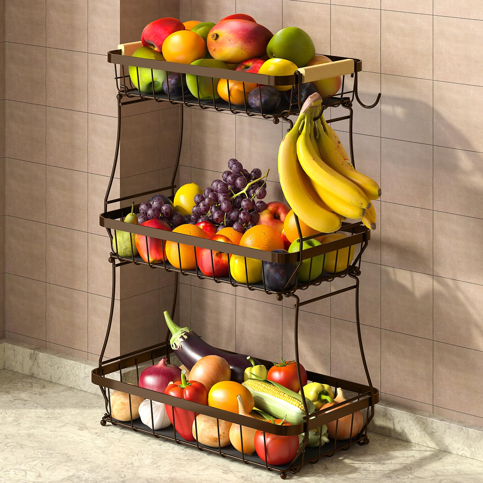 2 Tier Large Fruit Basket for Kitchen Counter with 2 Mobile Banana Hangers, 2026 Pro Detachable Metal Fruit Bowl with Wooden Handle (Brown, 2 Tier)