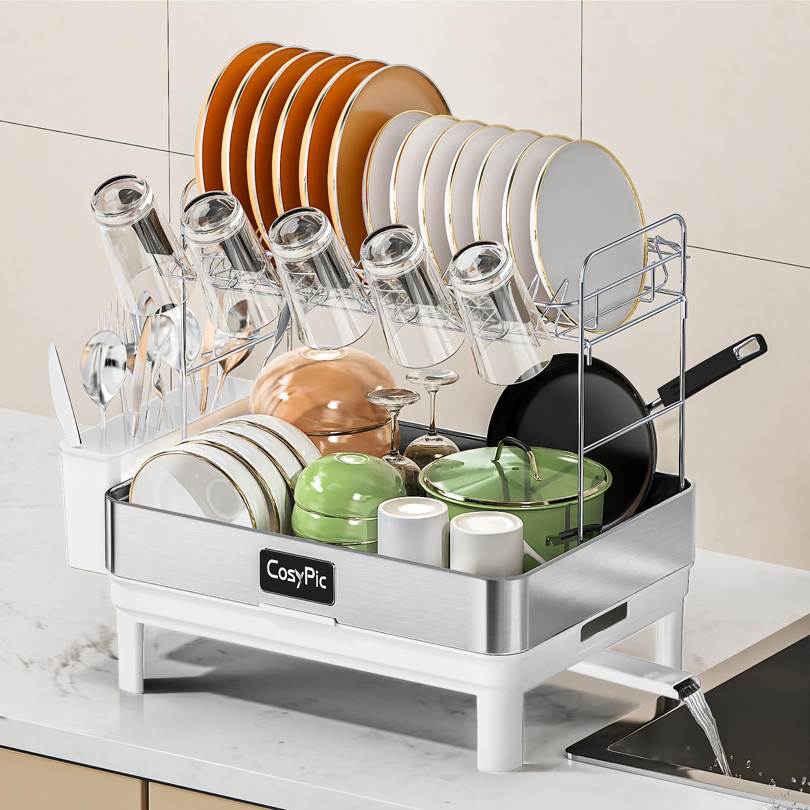 2 Tier Dish Drying Rack, Thicker Premium 304 Stainless Steel Dish Racks for Kitchen Counter, Automatic Drainage Spout, Dish Drainer & Drainboard Set with Utensil Holder and Cup Holder, Black