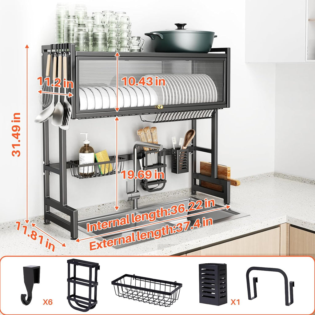 Over The Sink Dish Drainer Drying Rack 3 Tiers with Cover, Keep Kitchen Sink Shlef Organized Space-Saving Dish Drying Rack, Large Stainless Steel Sink Dish Rack for Dishes, Bowls, Cutlery (37.4"w)