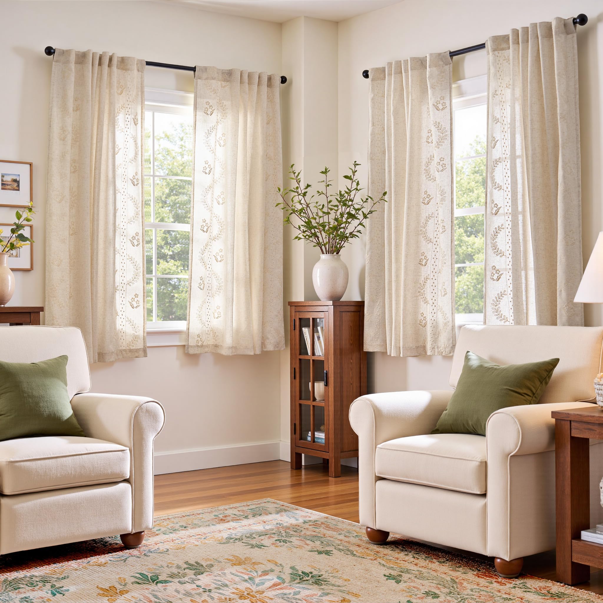 jinchan Belrose Linen Curtains for Bedroom Floral Curtains 84 Inch Length Linen Blend Ivory Embroidered Drapes Farmhouse Flower Patterned Drapes for Living Room Window Treatments Set 2 Panels