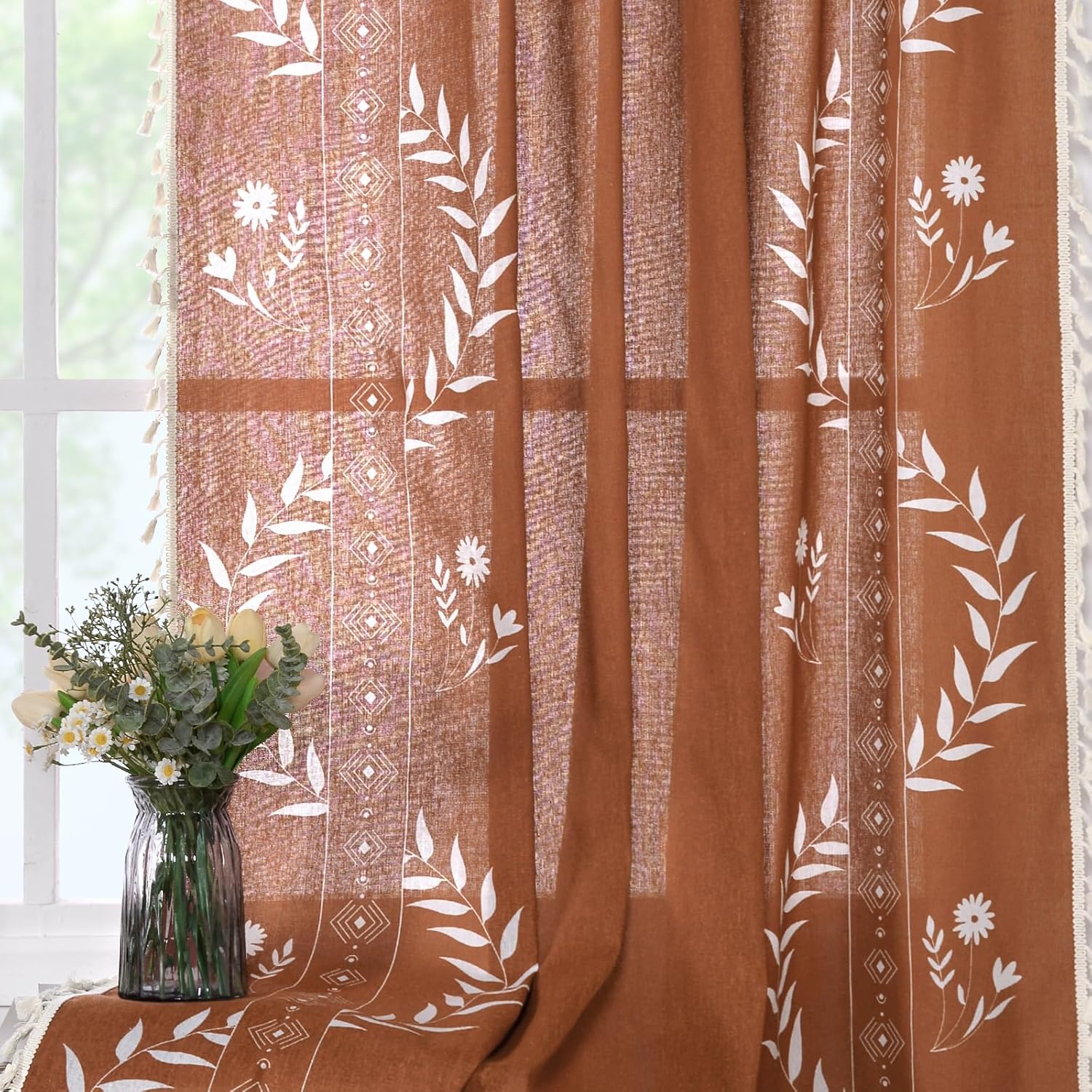 Schweek Boho Curtains for Living Room 84 Inch Long Terracotta Patterned Vintage Farmhouse Curtains 2 Panels,Linen Tassel Floral Window Curtain, Burnt Orange