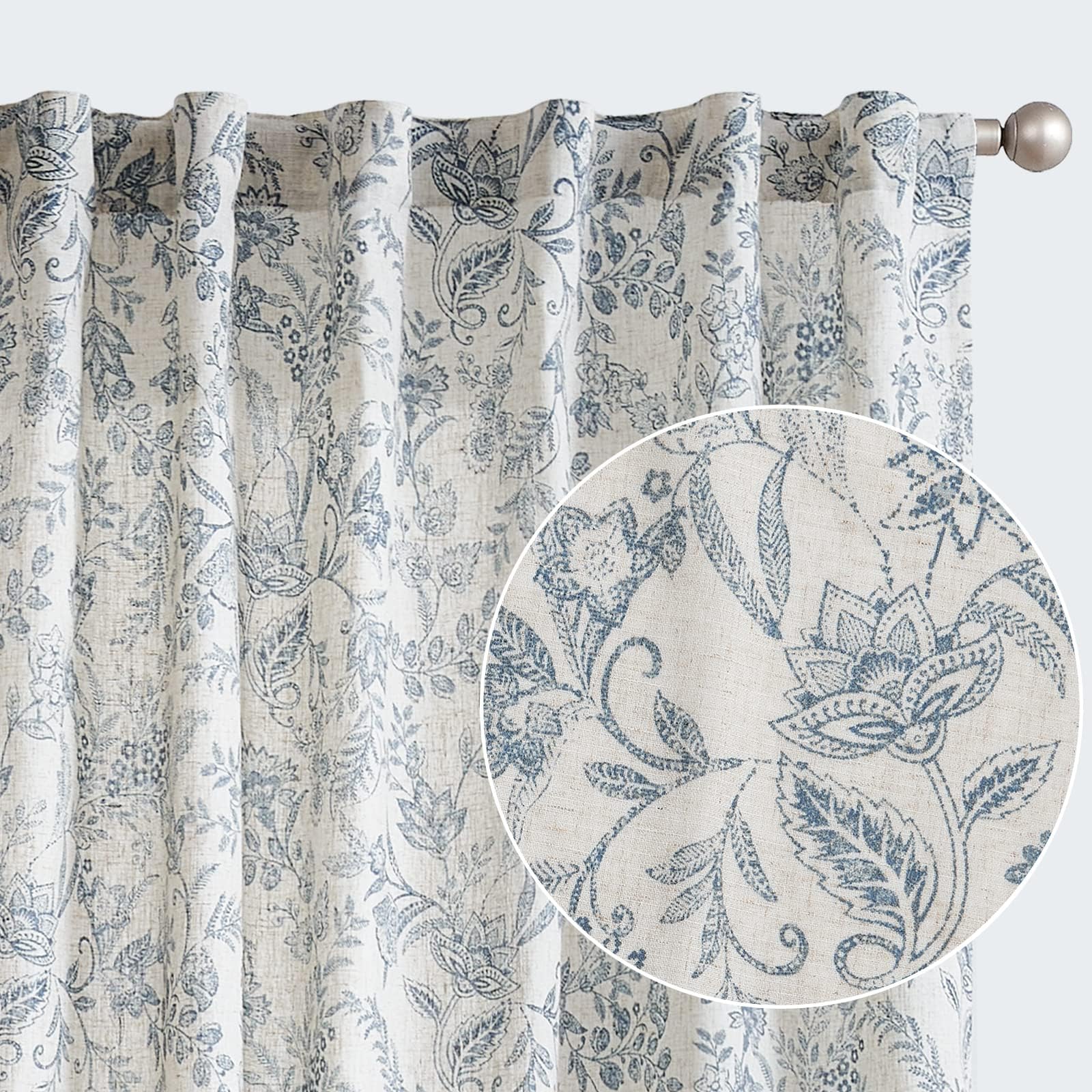jinchan Floral Linen Curtains for Living Room - 63 Inch Length Butterfly Taupe Floral Curtains - French Country Farmhouse Flower Patterned Drapes - Back Tab Rod Pocket Set - 2 Panels
