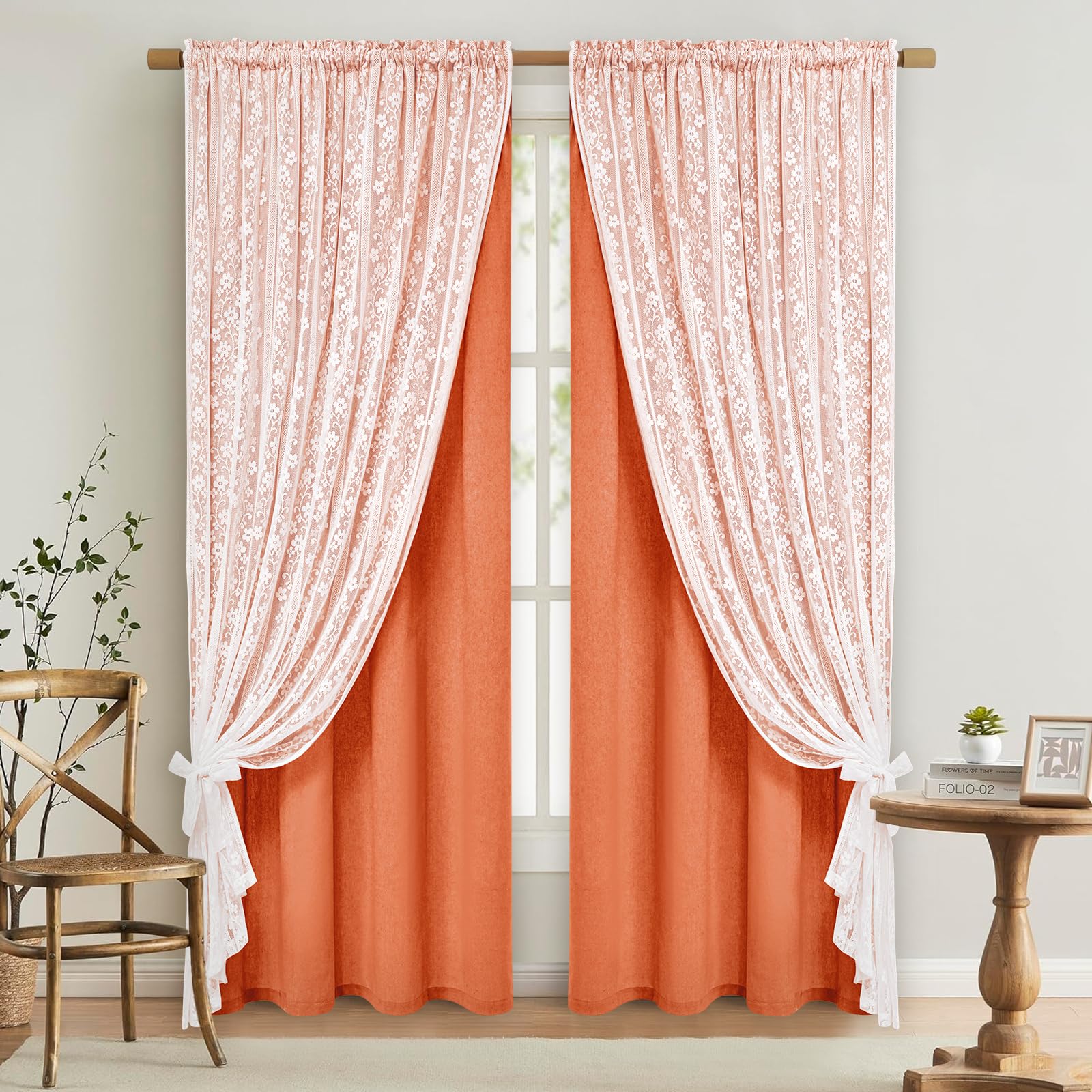 ASPMIZ Linen Curtains for Bedroom, Double Layered Boho Curtain for Living Room Farmhouse Curtain 84 Inch Length 2 Panels Set, Rustic Curtains & Drapes Rod Pocket with Tiebacks, 52 x 84 Inch, Beige