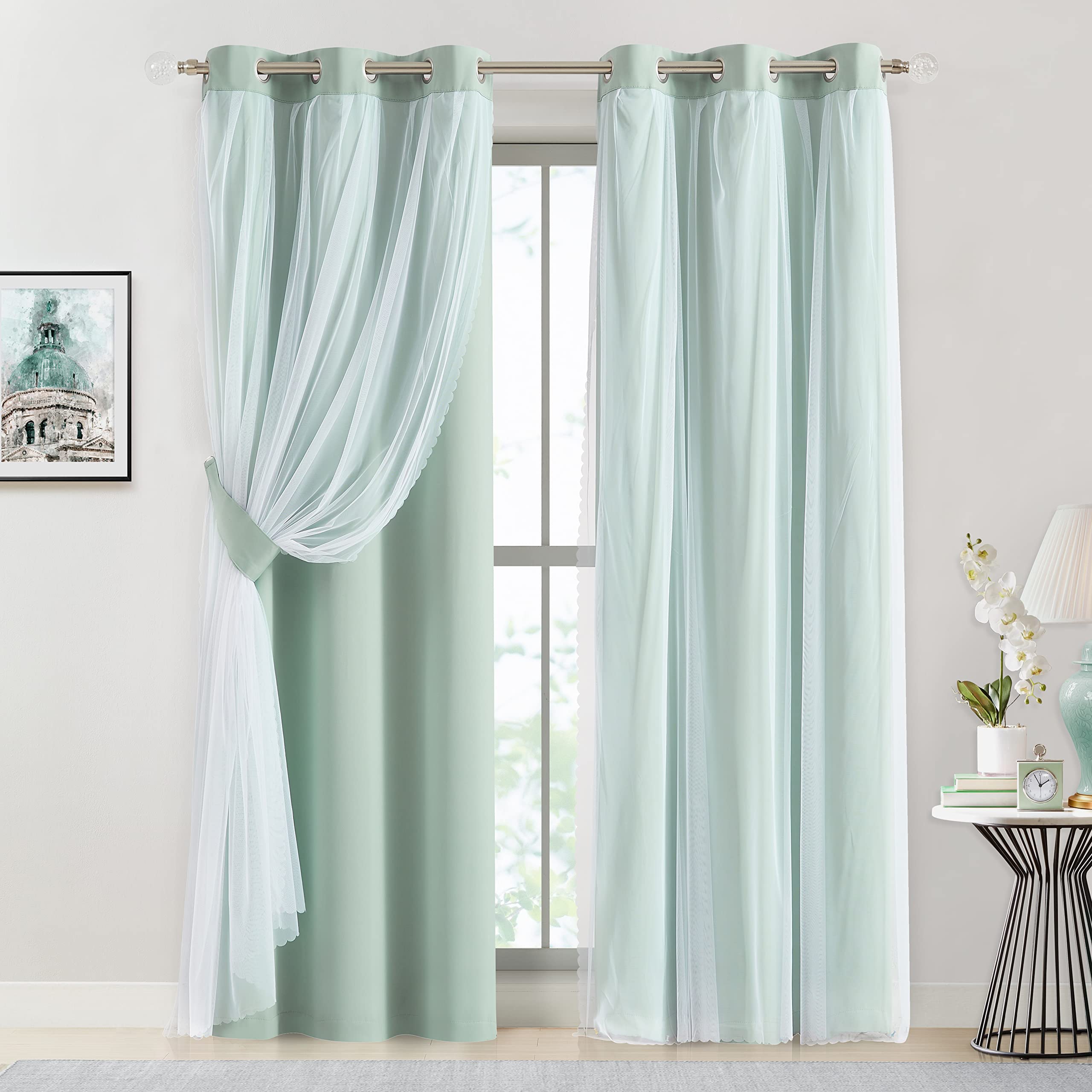 Bujasso Beige 80% Blackout Curtains with Sheer Overlay Mix and Match Double Layer Thermal Insulated Window Panels 95 inch for Living Room Bedroom Beige Drapes with Tiebacks Grommet Top 54" Wx95 Lx2