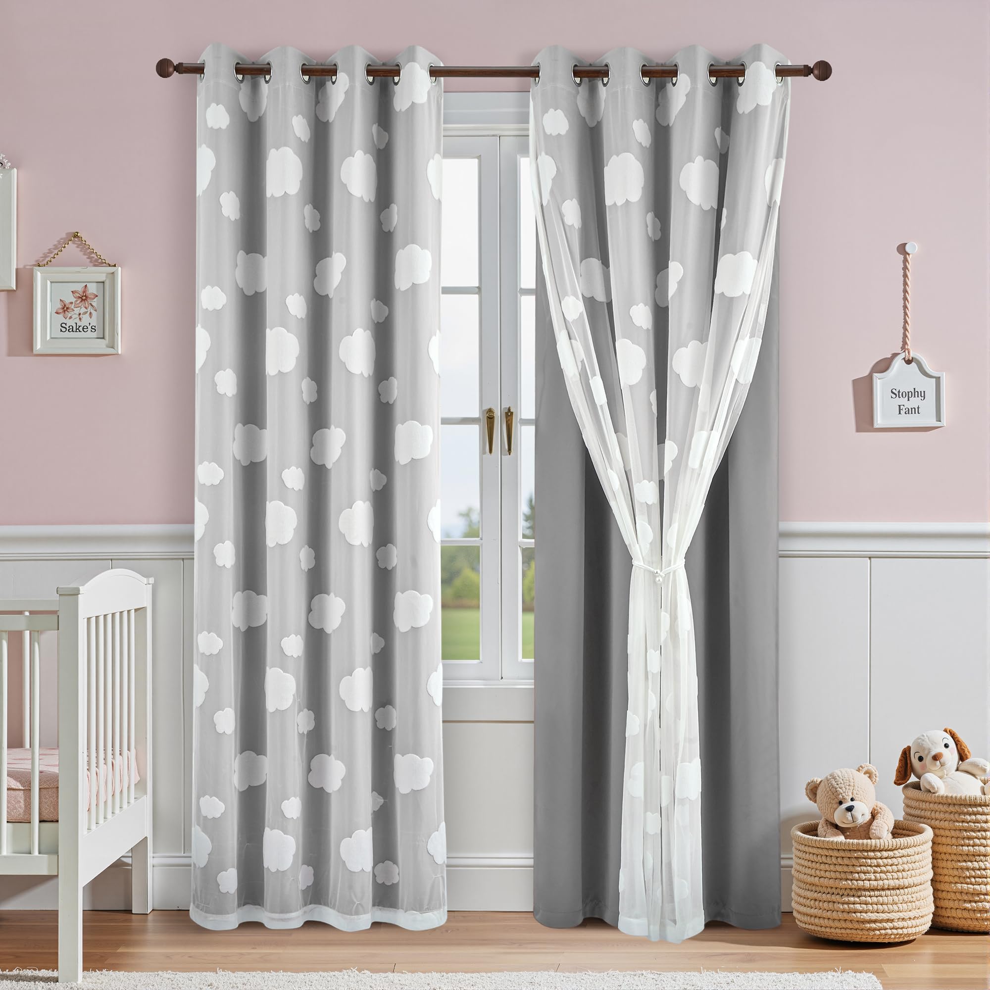 Beige Light Blocking Curtains with Sheer Overlay for Living Room Mix and Match Double Layer Window Panels 95 Inch for Bedroom Grommet Top, W52 X L95
