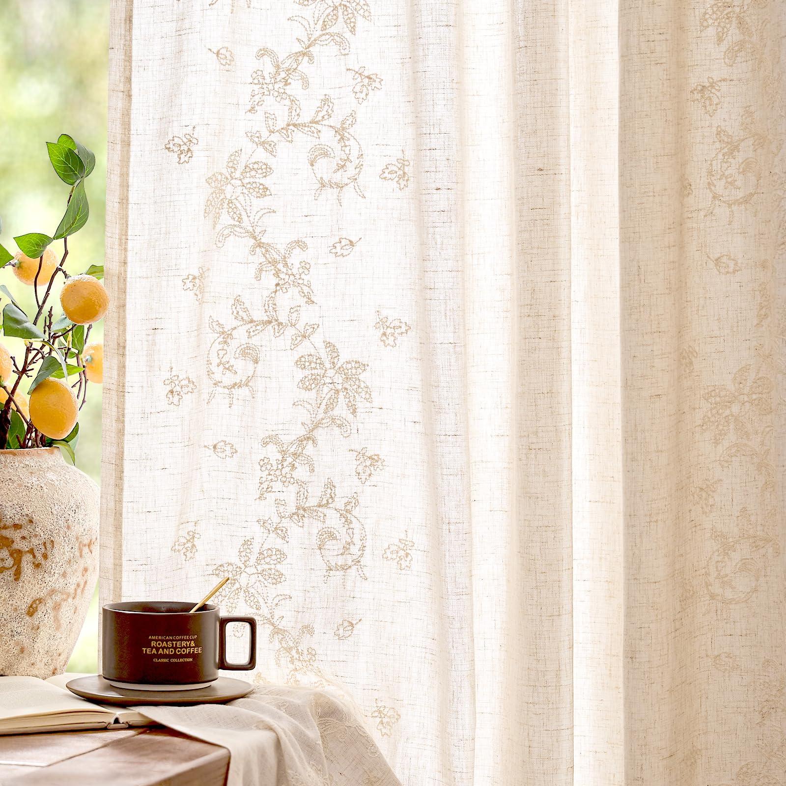 jinchan Belrose Linen Curtains for Bedroom Floral Curtains 84 Inch Length Linen Blend Ivory Embroidered Drapes Farmhouse Flower Patterned Drapes for Living Room Window Treatments Set 2 Panels