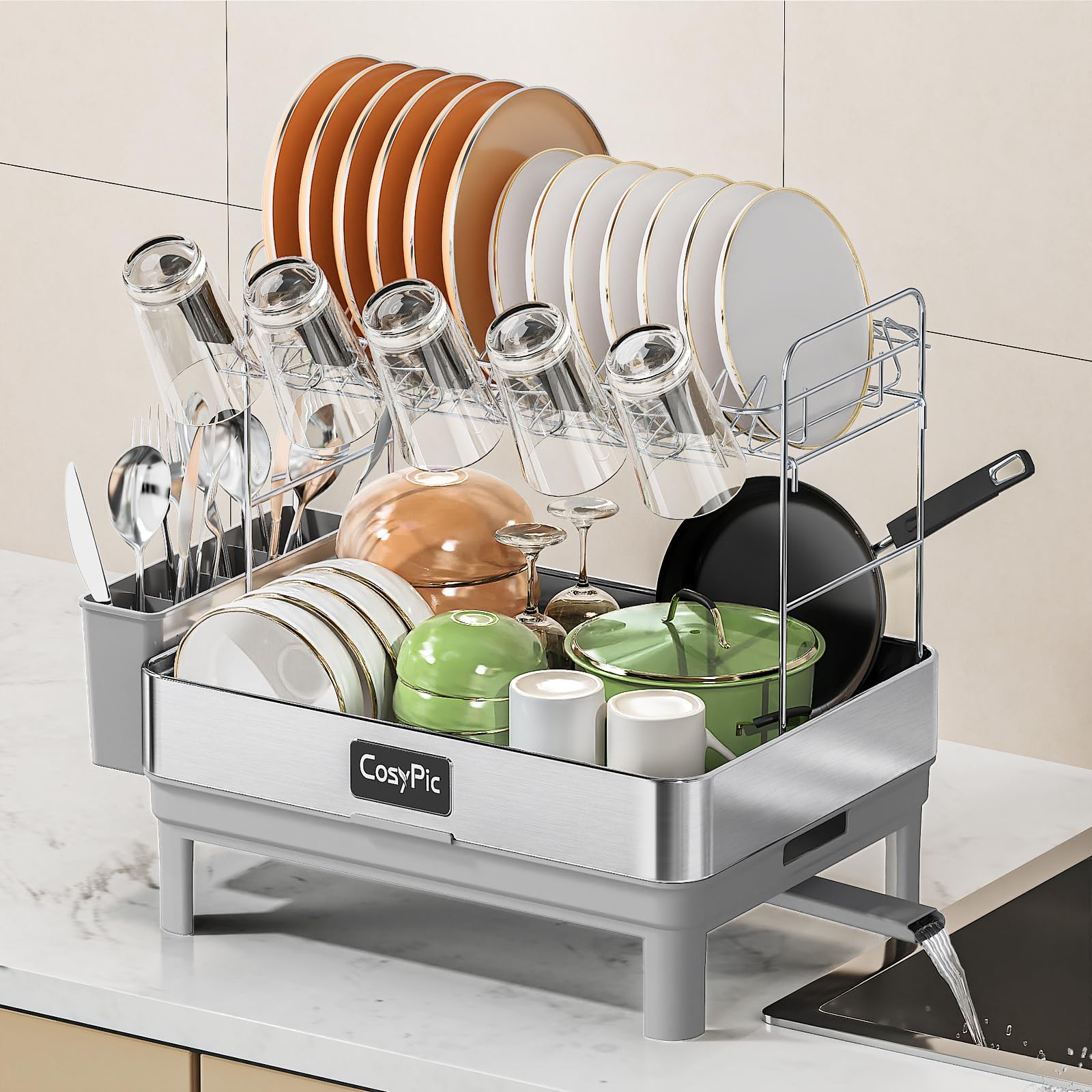 2 Tier Dish Drying Rack, Thicker Premium 304 Stainless Steel Dish Racks for Kitchen Counter, Automatic Drainage Spout, Dish Drainer & Drainboard Set with Utensil Holder and Cup Holder, Black