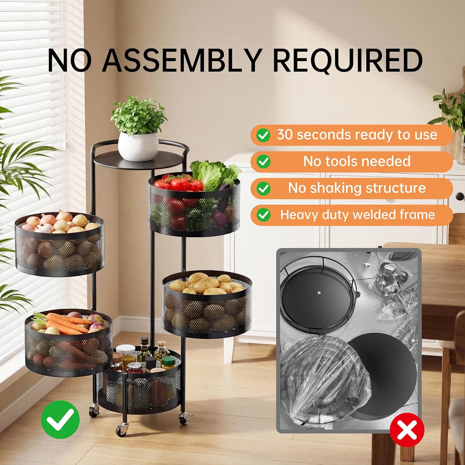 Rotating Fruit Basket, 5-Tier Metal Sturdy Kitchen Storage Rack Shelf Carts No Assembly on Rolling Wheels for Fruit Vegetable Grocery Corns Potato Onion (5-Tier, Black)